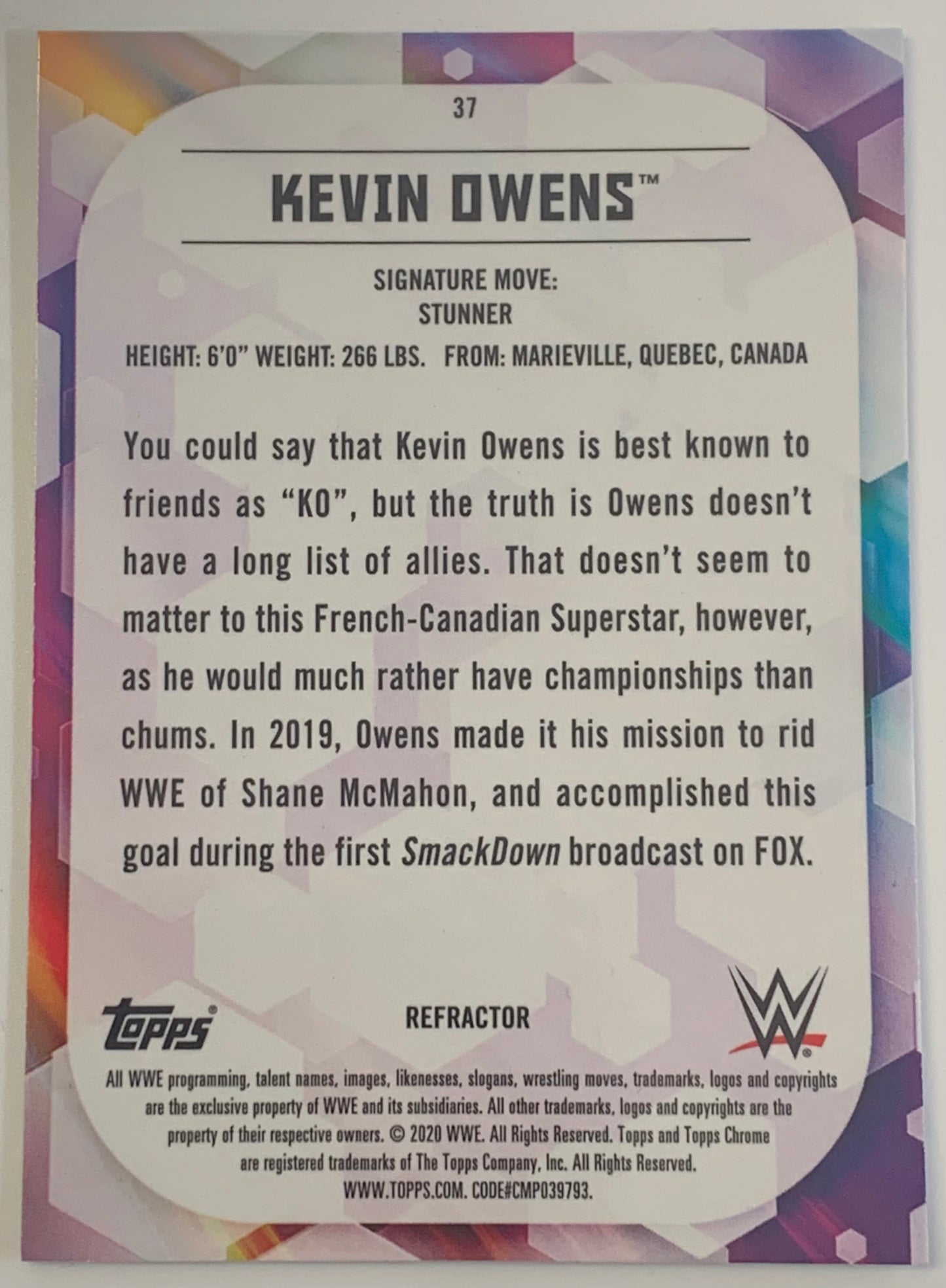 Kevin Owens 2020 WWE Topps Chrome Refractor Card