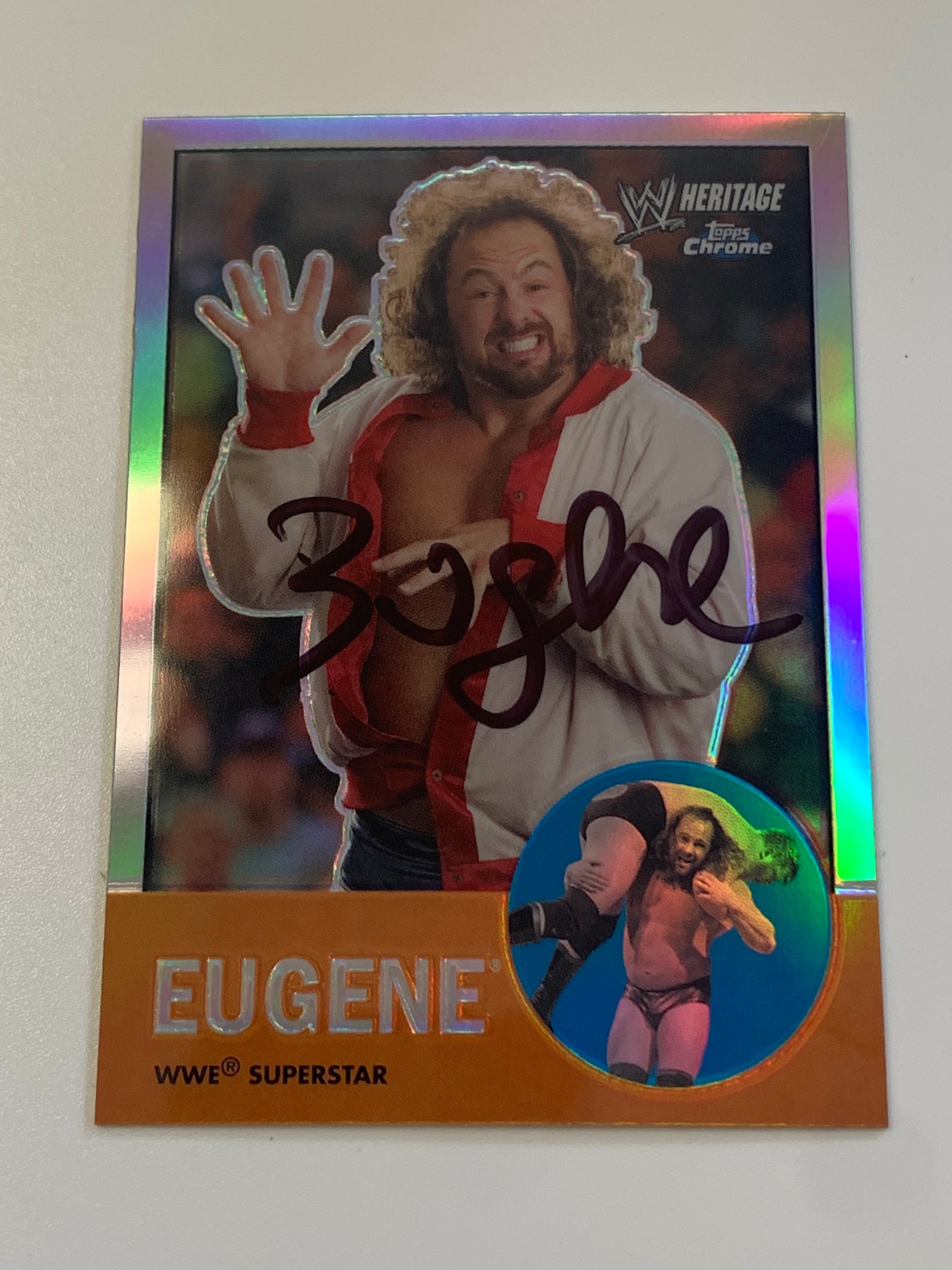 Eugene SIGNED 2007 WWE Topps Chrome Heritage REFRACTOR COA