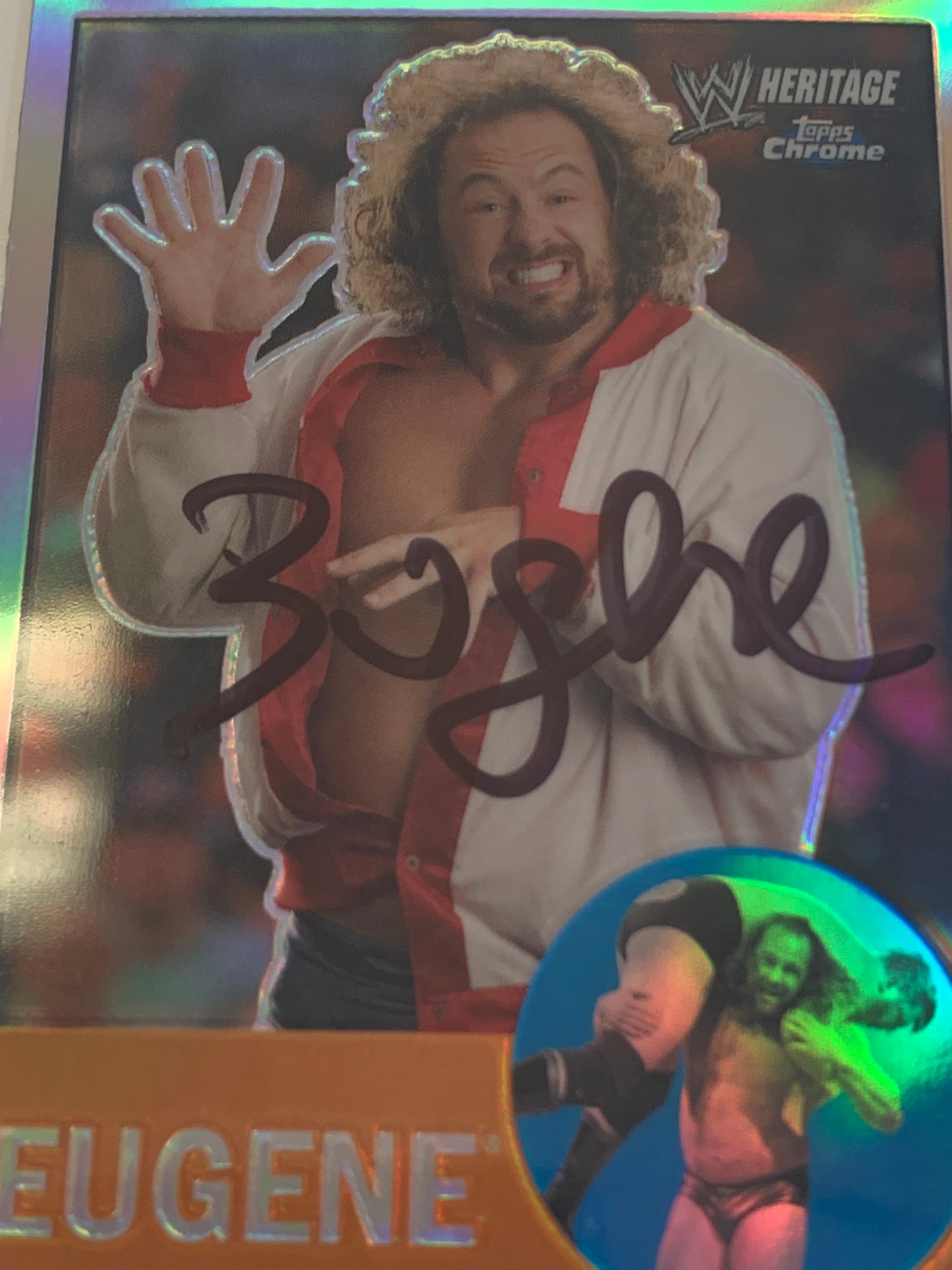 Eugene SIGNED 2007 WWE Topps Chrome Heritage REFRACTOR COA
