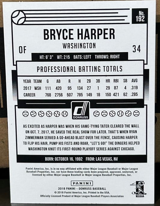 + Bryce Harper 2018 Panini Donruss Blue Holo Card WASHINGTON NATIONALS