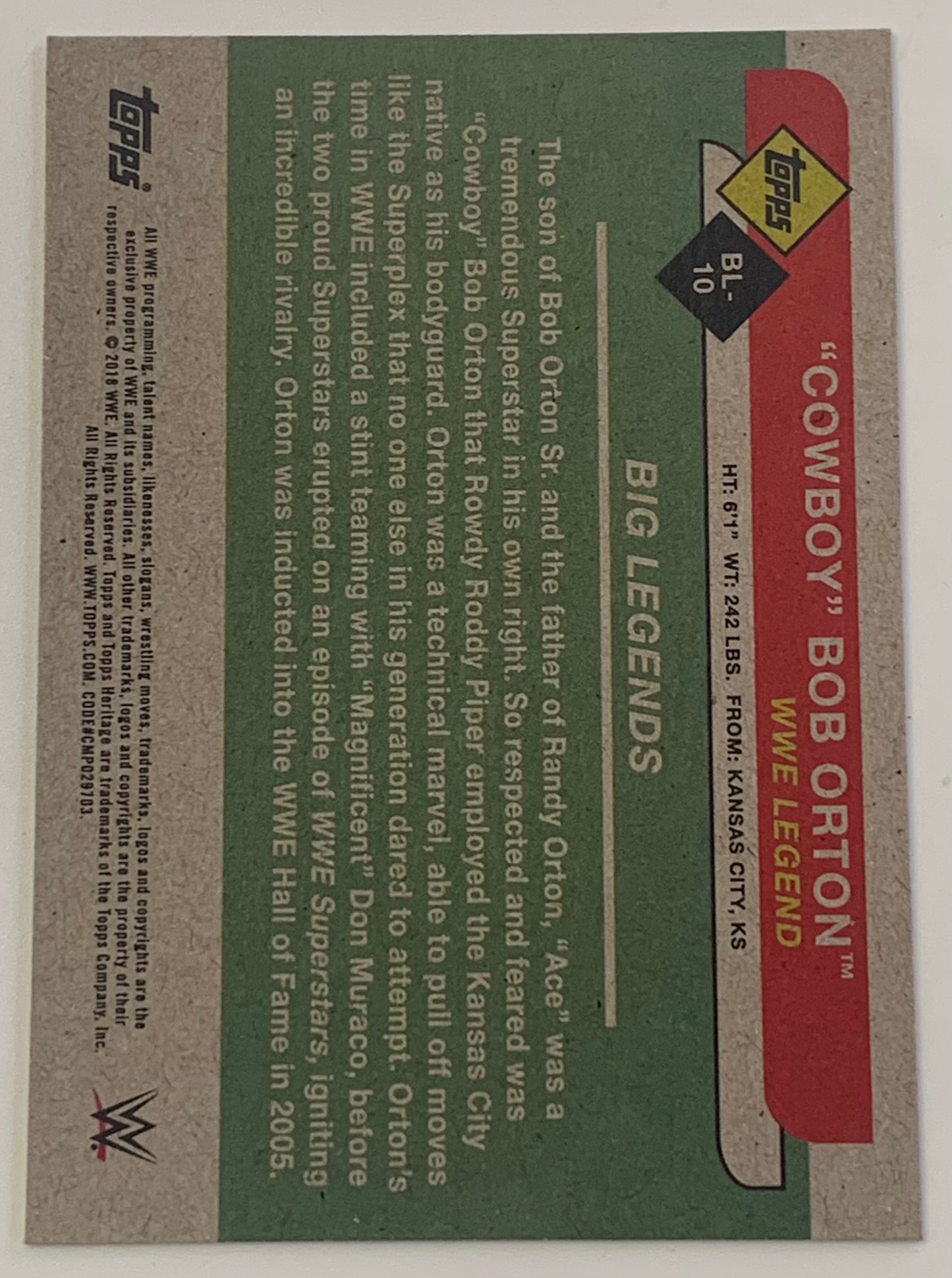 Cowboy Bob Orton SIGNED 2018 WWE Topps Heritage Card (Comes w/COA)