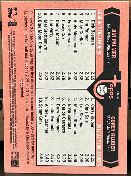 + Jim Palmer/Corey Kluber 2018 Topps Heritage Insert Card “Then and Now”