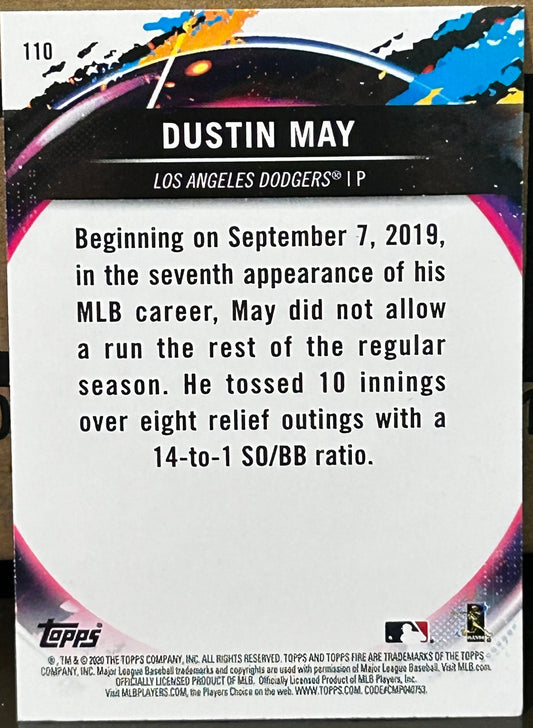 + Dustin May 2020 Topps Fire ROOKIE Card DODGERS