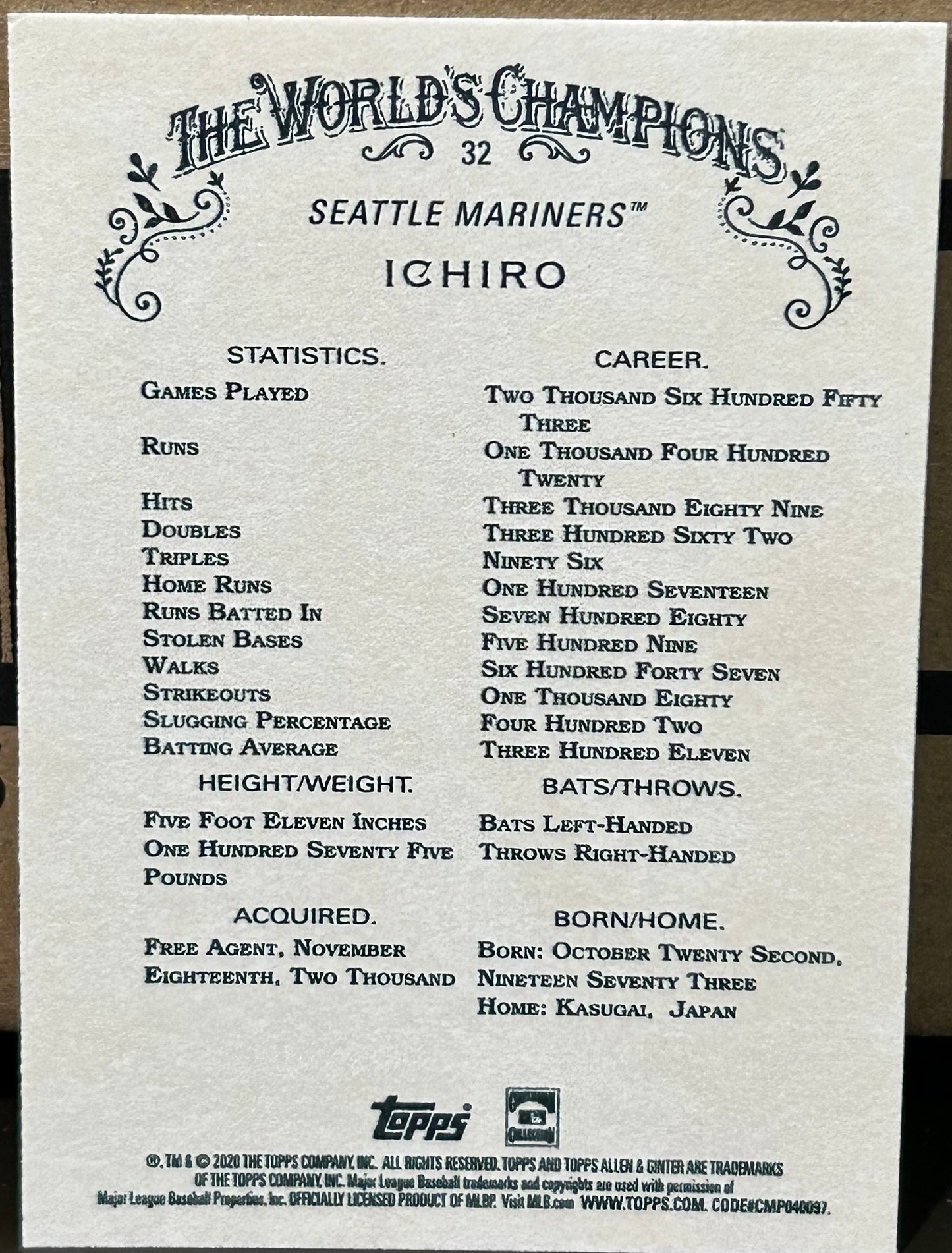 + Ichiro 2020 Topps Allen & Ginter Card SEATTLE MARINERS