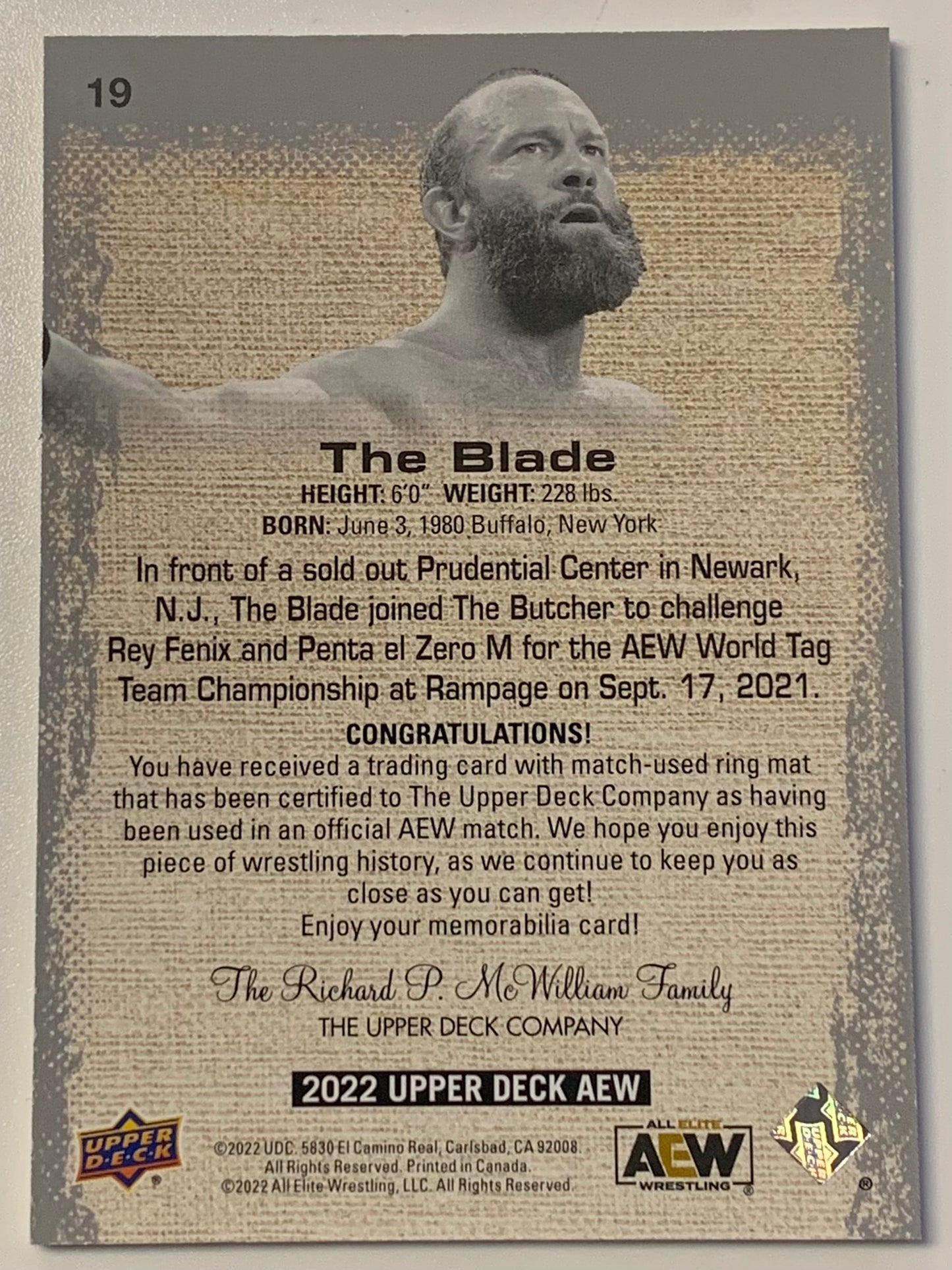 The Blade 2022 AEW UD Upper Deck Relic Card