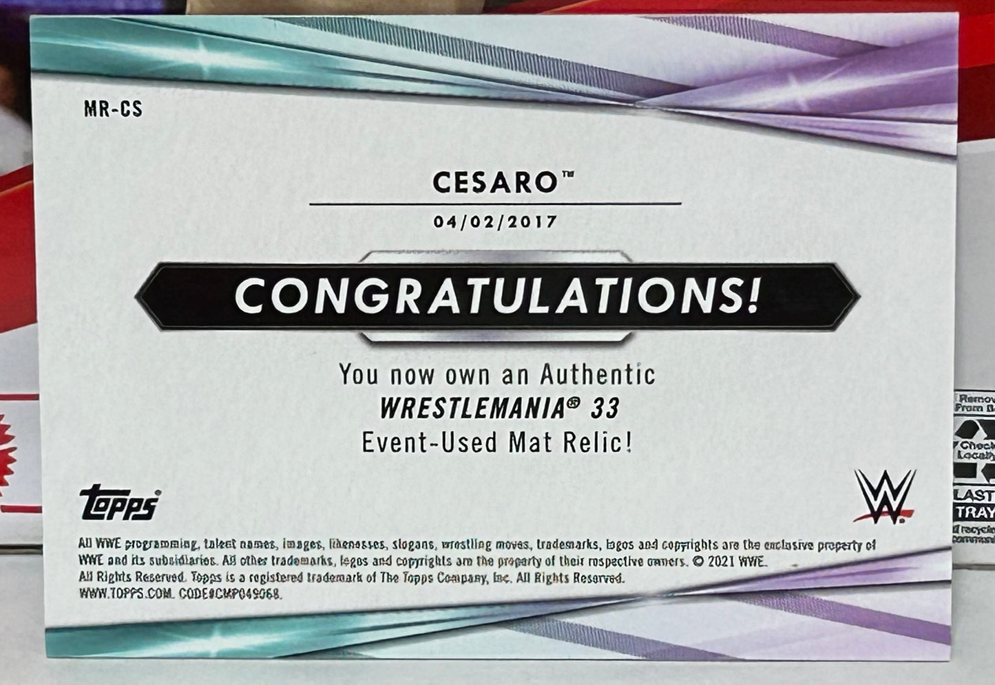 Cesaro 2021 WWE Topps “Wrestlemania 33 Event-Used Mat Relic” Card