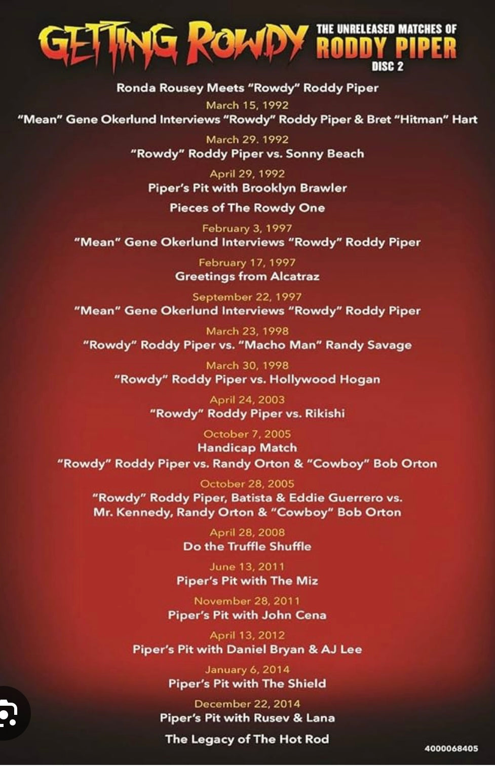 * WWE “Getting Rowdy, The Unreleased matches of Roddy Piper” DVD (Sealed, 2-Disc set)