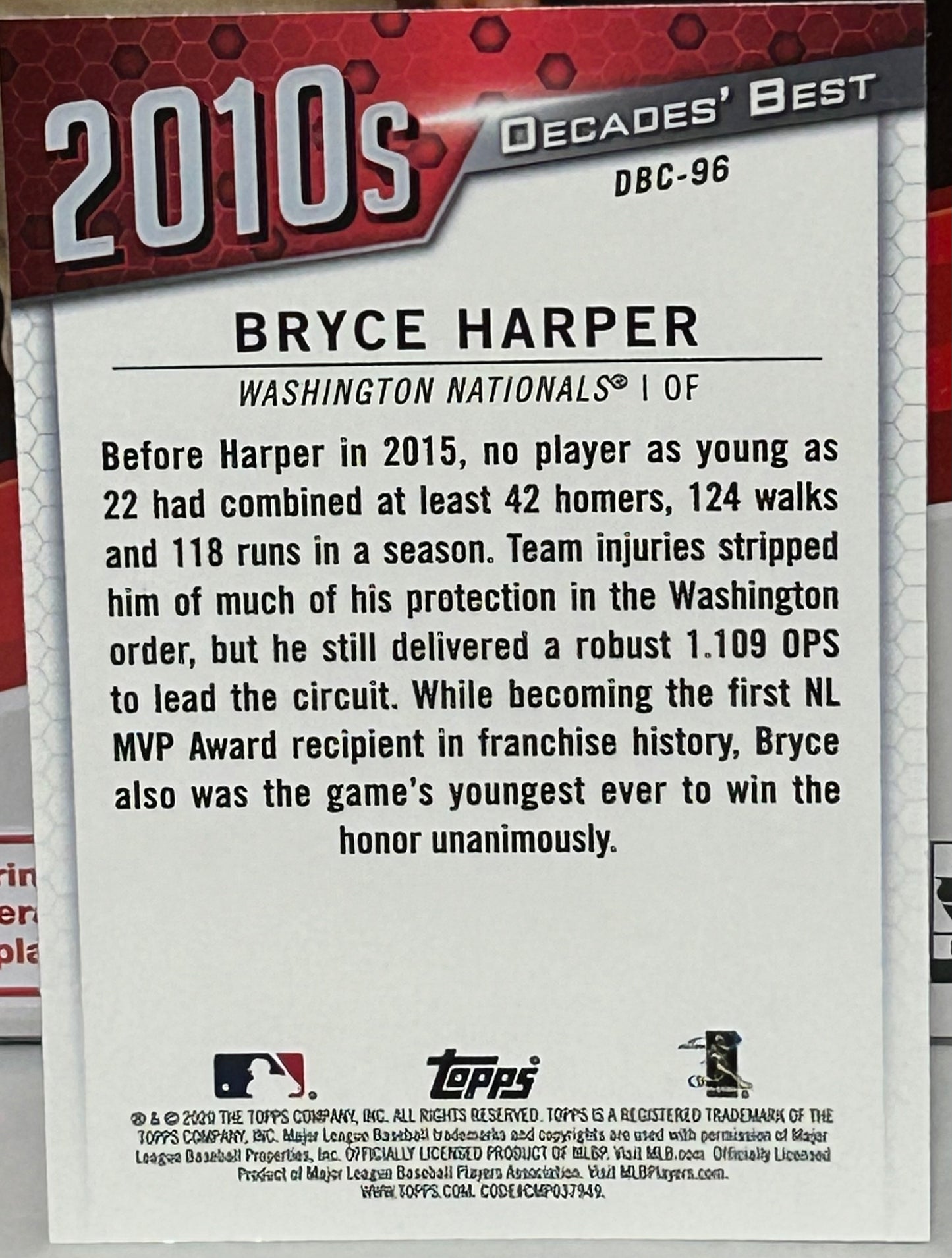 Bryce Harper 2020 Topps Chrome “Decade’s Best” Insert Card NATIONALS