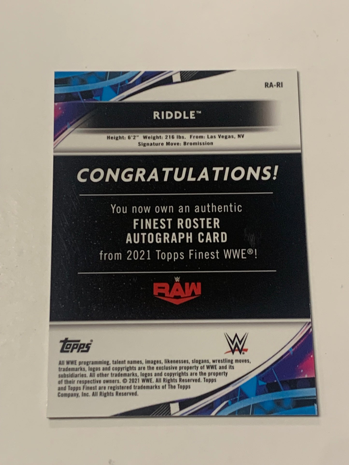 Matt Riddle 2021 WWE Topps Finest GOLD REFRACTOR AUTOGRAPHED #/50