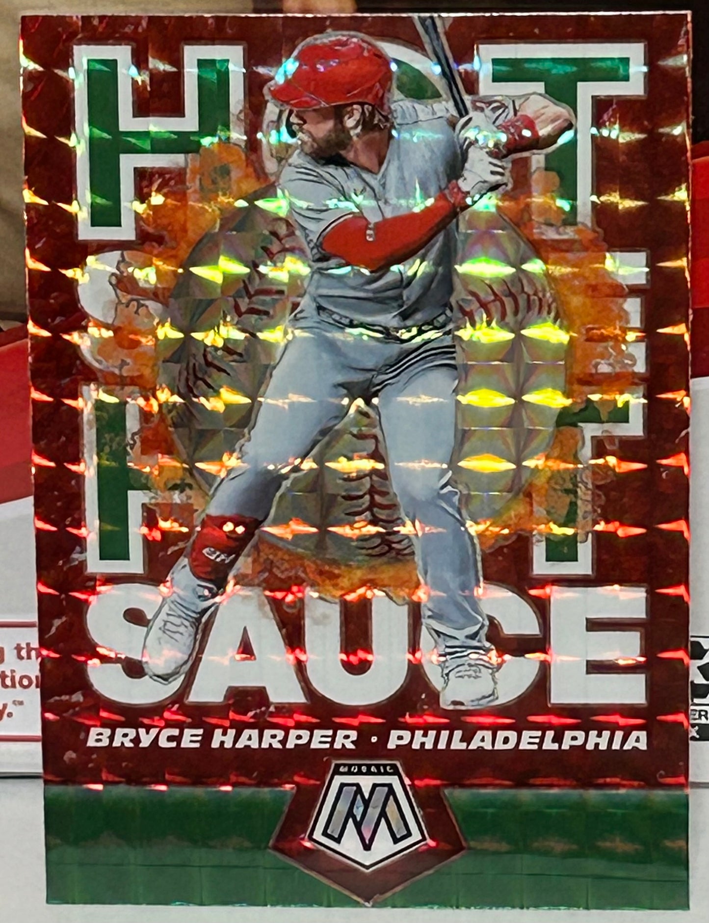 Bryce Harper 2021 Panini Mosaic “Hot Sauce” Green Prizm Insert Card PHILLIES