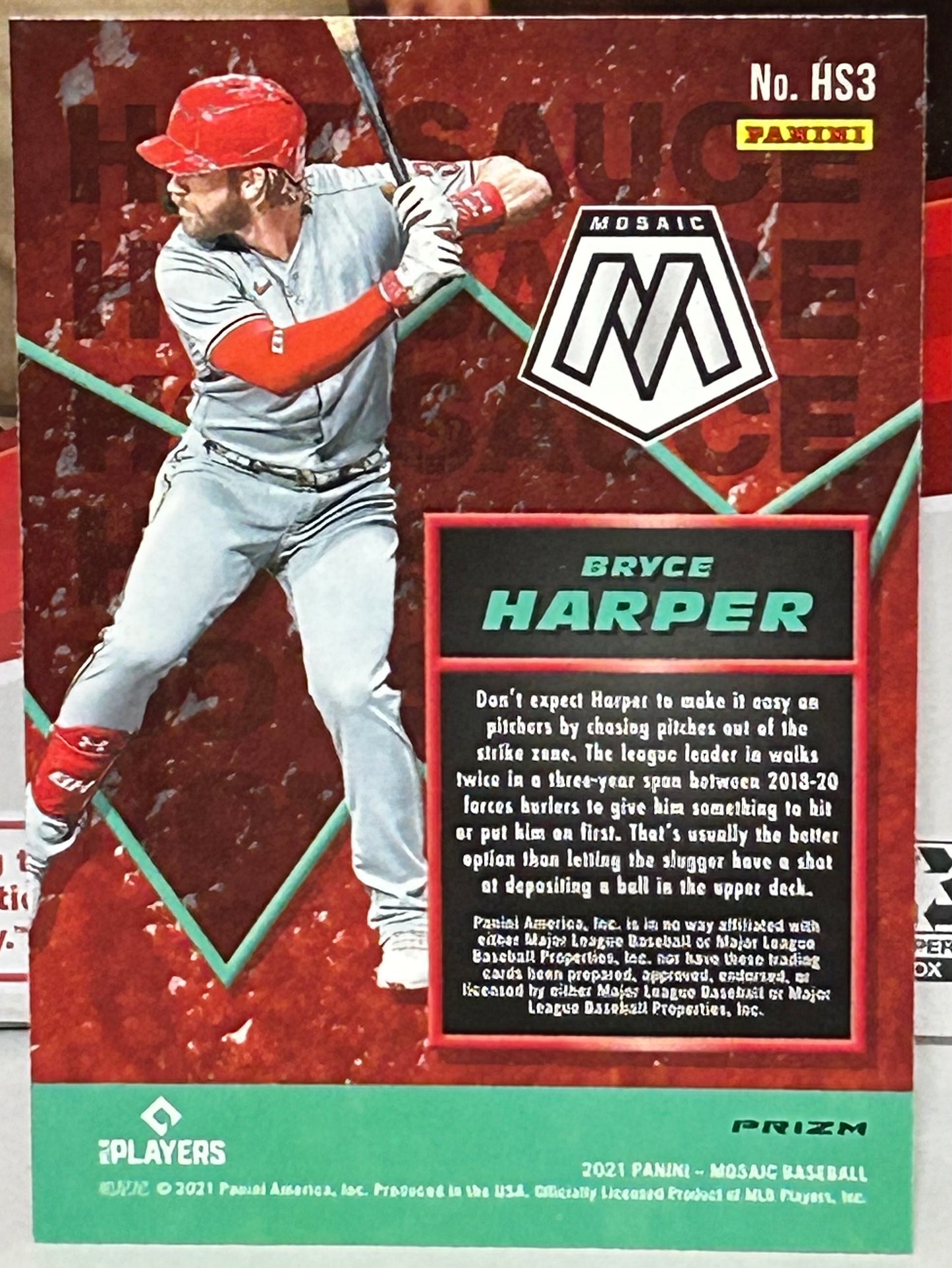 Bryce Harper 2021 Panini Mosaic “Hot Sauce” Green Prizm Insert Card PHILLIES