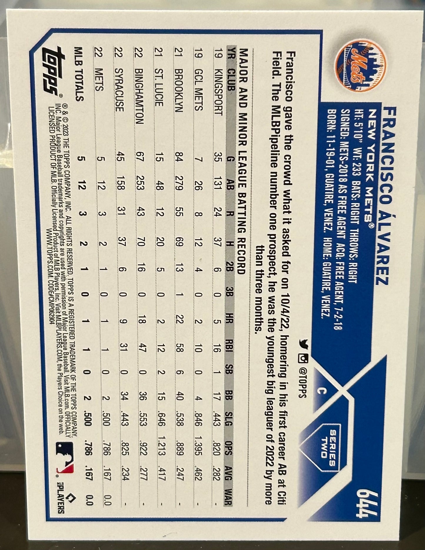 + Francisco Alvarez 2023 Topps Foil Rookie Card NY METS