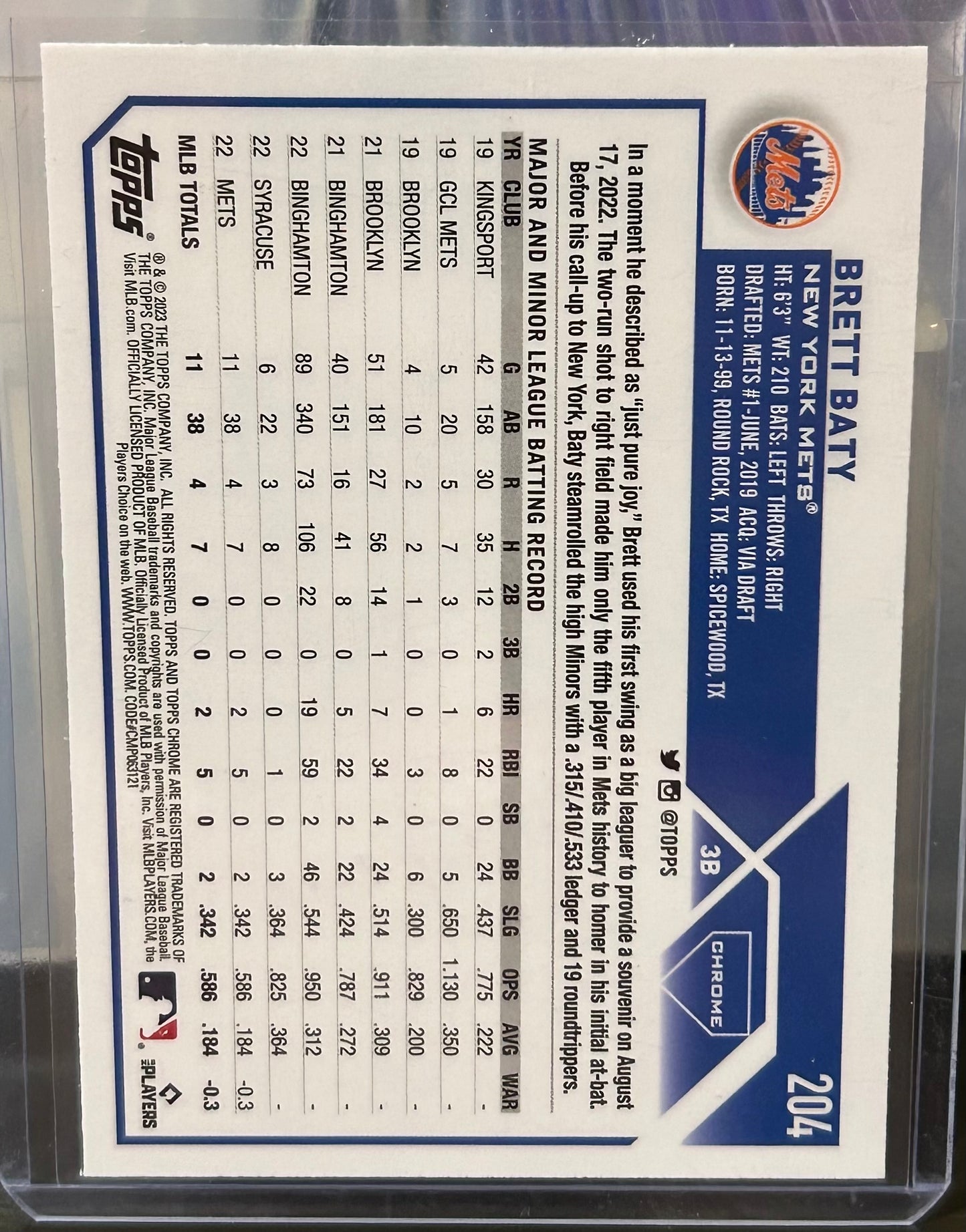 + Brett Baty 2023 Topps Chrome X-Fractor Refractor Rookie Card NY METS