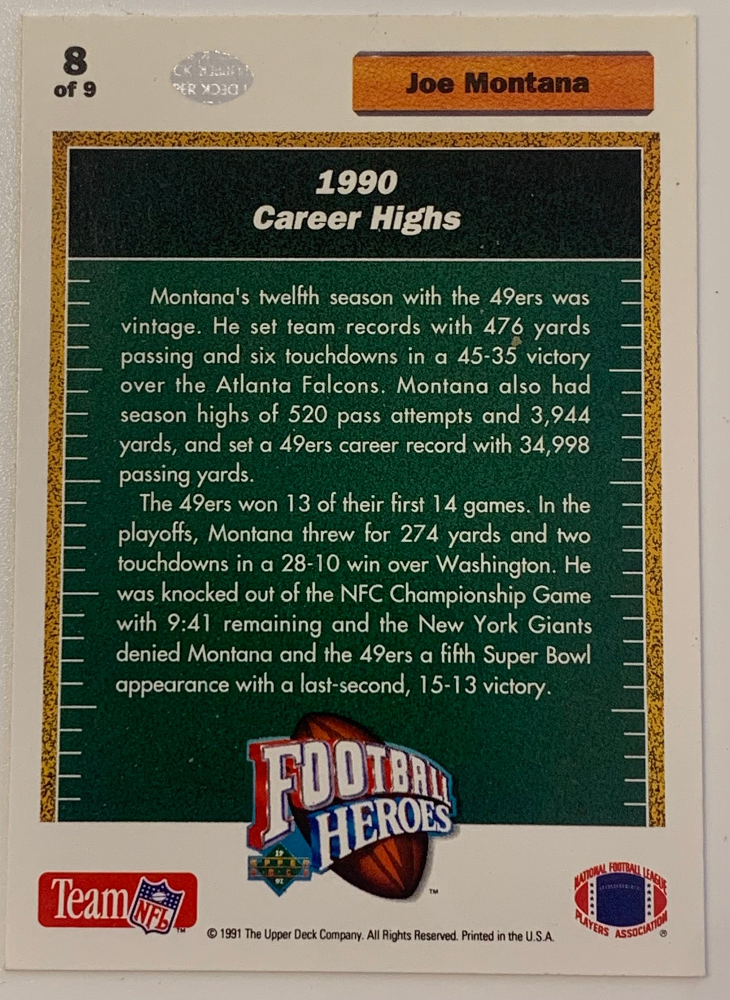 Joe Montana 1991 Upper Deck “Football Heroes” Insert Card