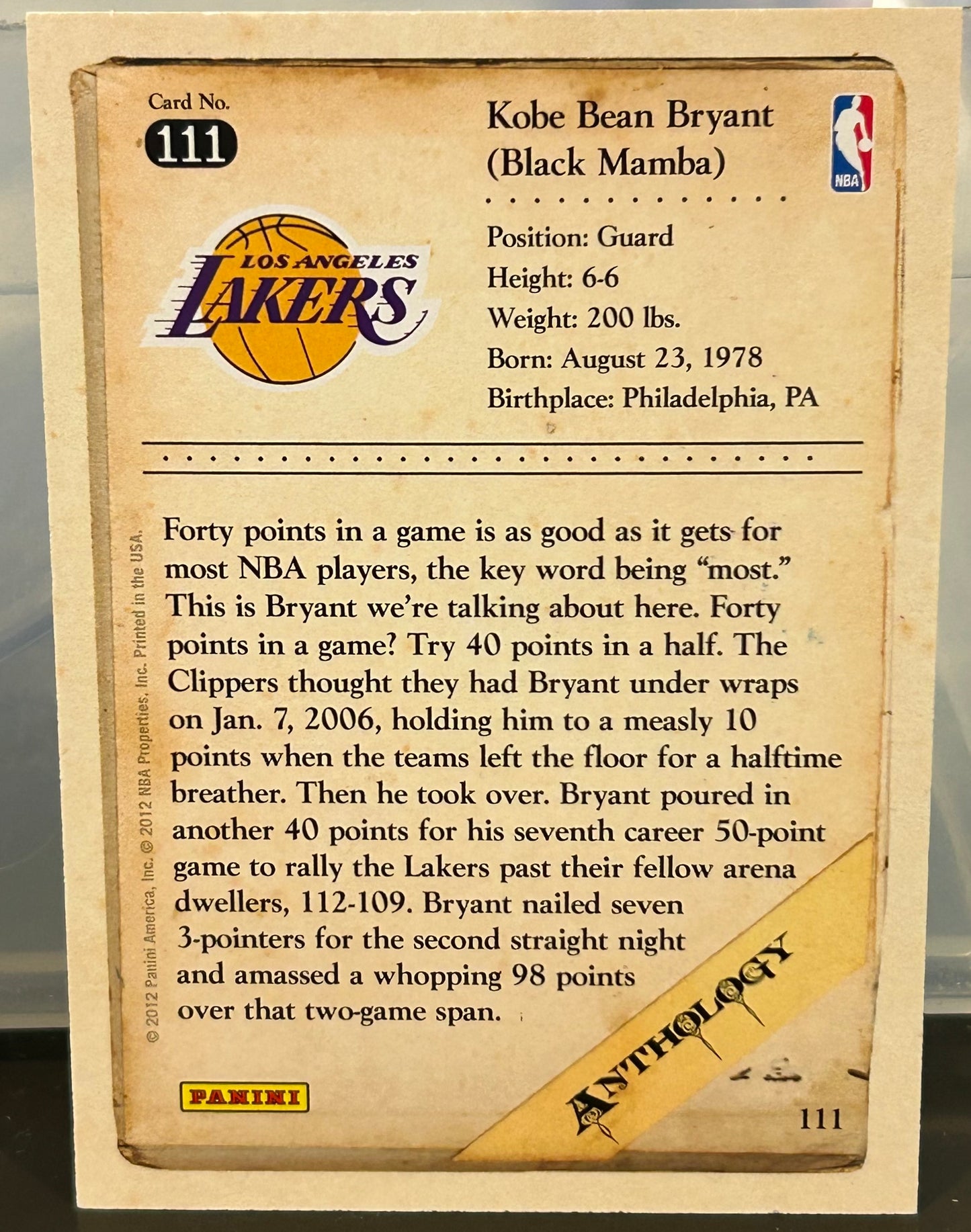 + Kobe Bryant 2012-13 Panini Anthology Card #111 LOS ANGELES LAKERS