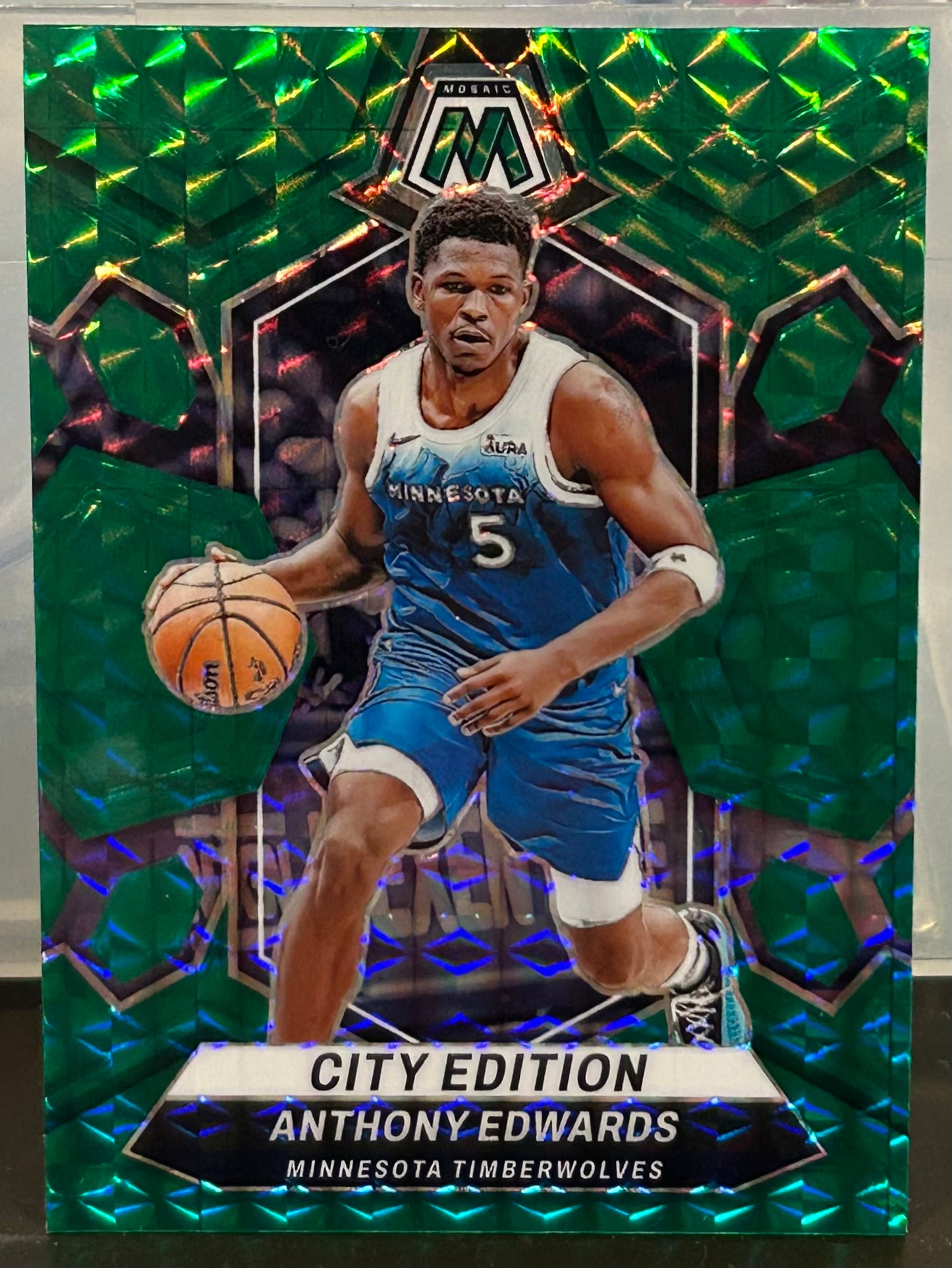 + Anthony Edwards 2023-24 Panini Mosaic “City Edition” Green Prizm Refractor Card