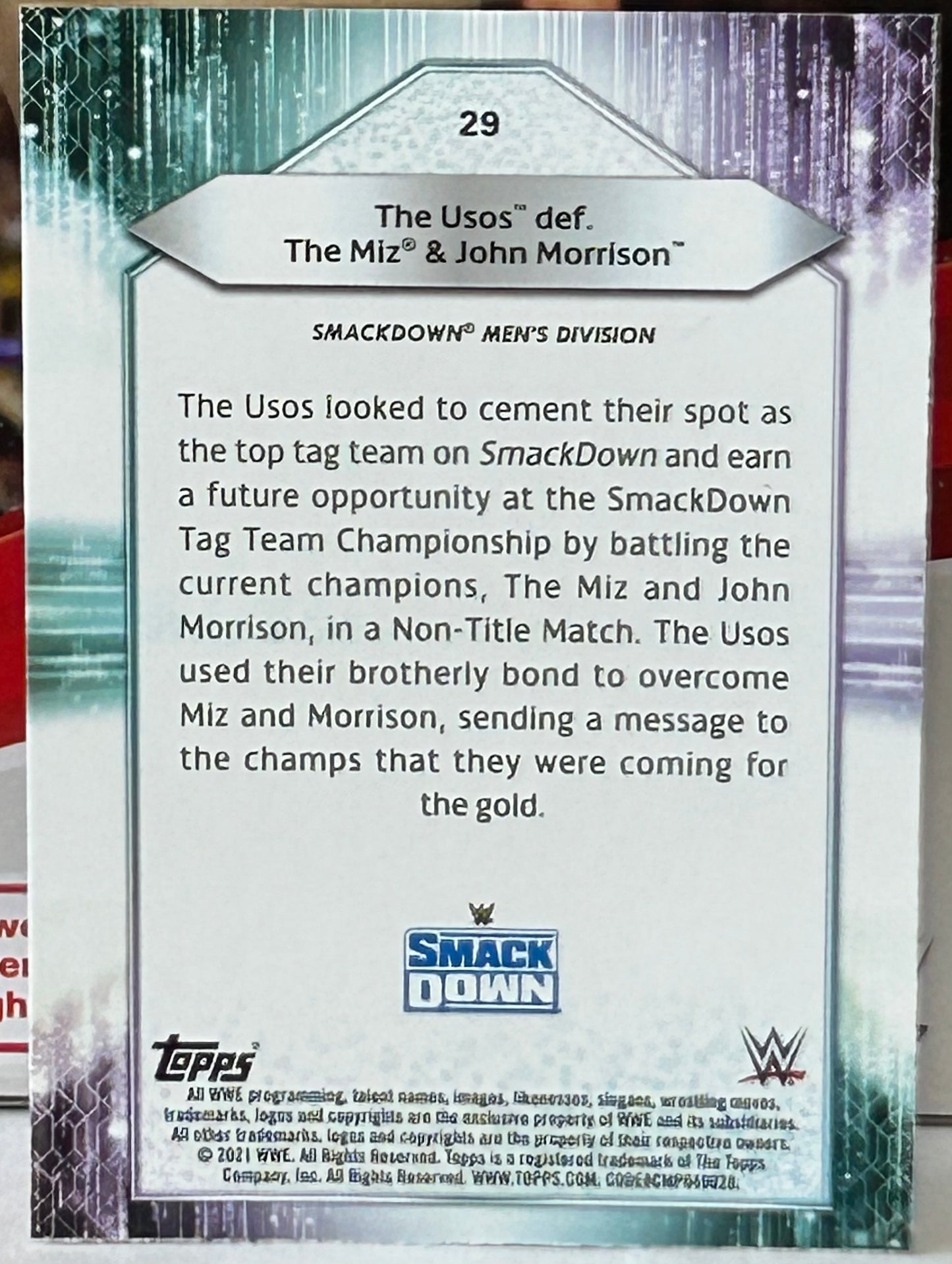 The Uso’s (Jimmy & Jey) Defeat The Miz & John Morrison 2021 WWE Topps FOILBOARD Parallel