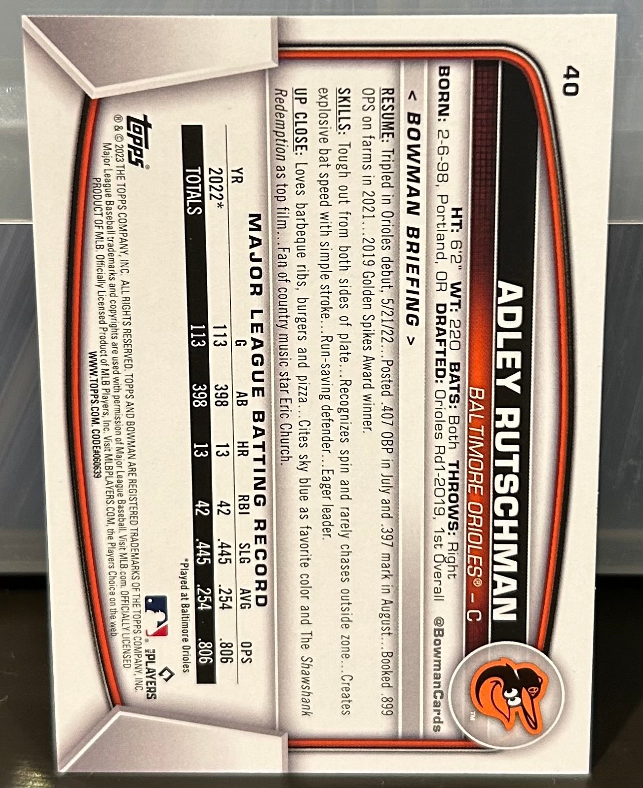 + Adley Rutshman 2023 Bowman ROOKIE Card BALTIMORE ORIOLES