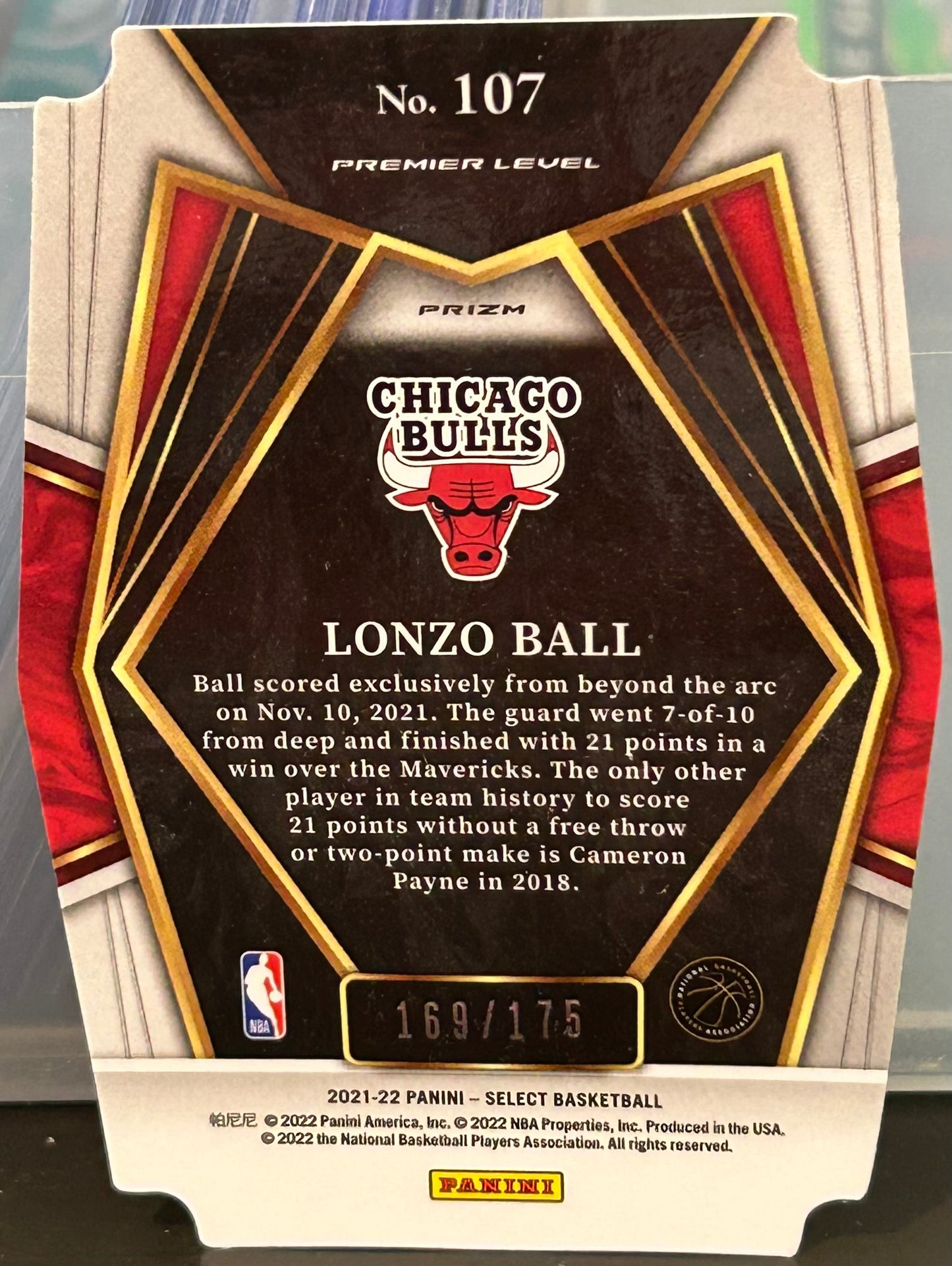 + Lonzo Ball 2021-22 Panini Select Premier Maroon Die Cut Card #169/175
