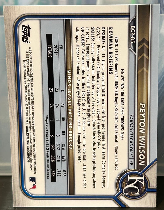 + Peyton Wilson 2022 1st Bowman Chrome Green Refractor ROOKIE Card #43/99 ROYALS