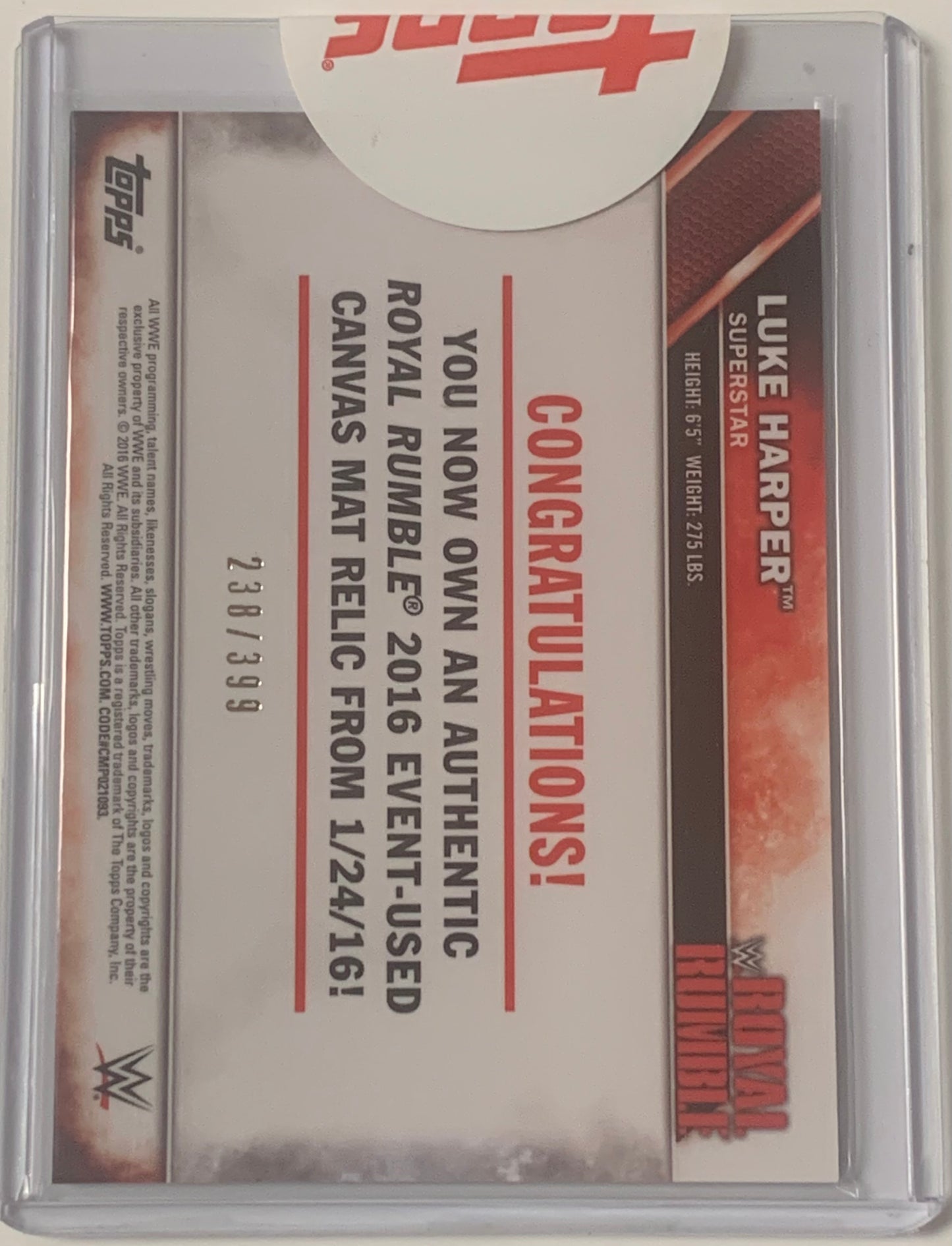 Luke Harper 2016 WWE Topps Authentic Royal Rumble Event-Used Canvas Mat Relic #/399