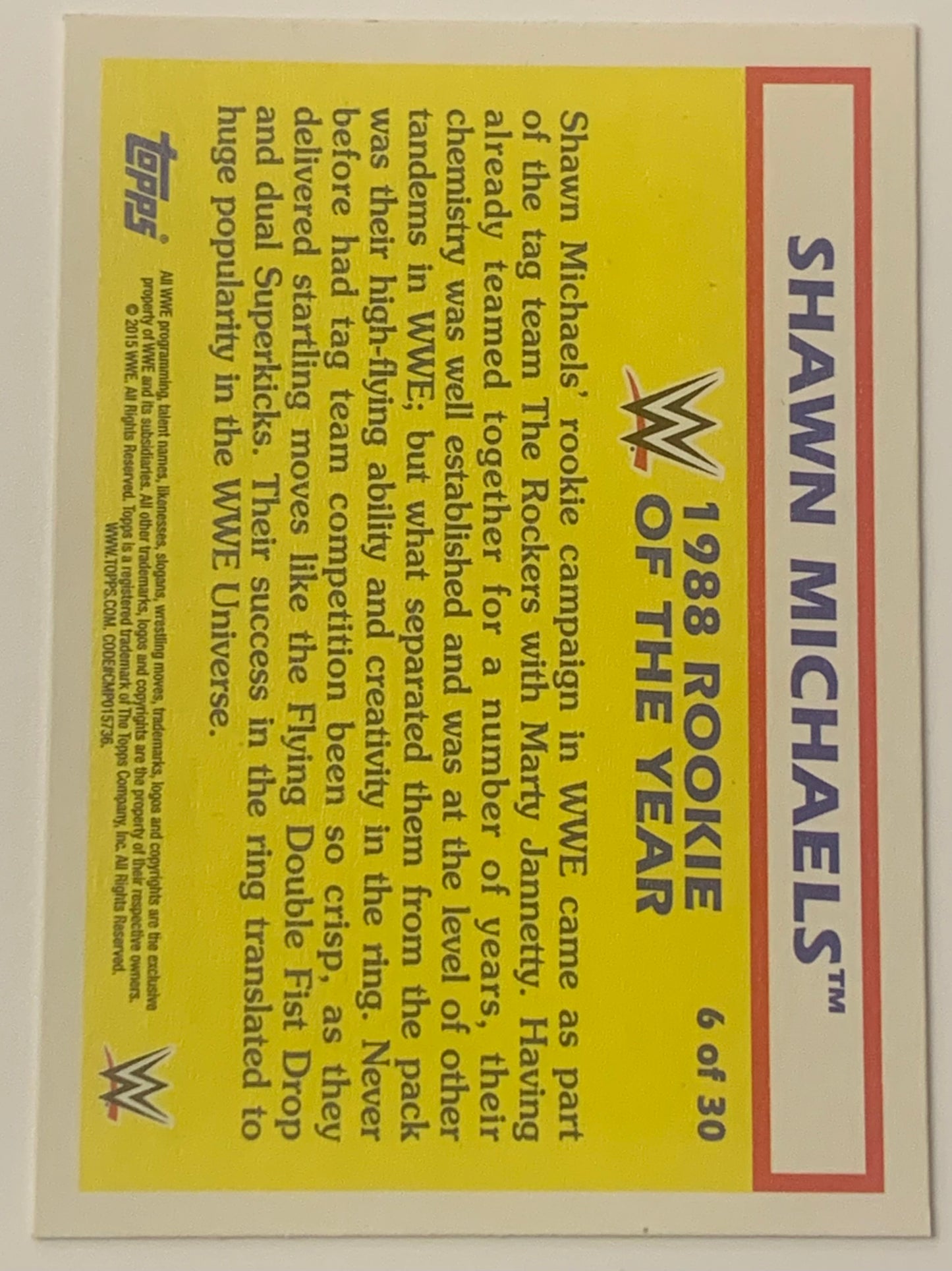 Shawn Michaels 2015 WWE Topps Heritage “Rookie of The Year” Card