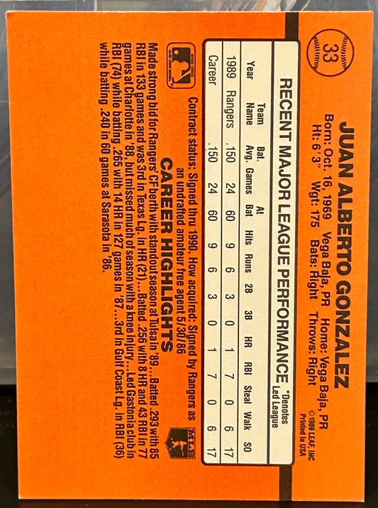 + Juan Gonzalez 1990 Donruss “ERROR, Reverse Negative” Rookie Card TEXAS RANGERS