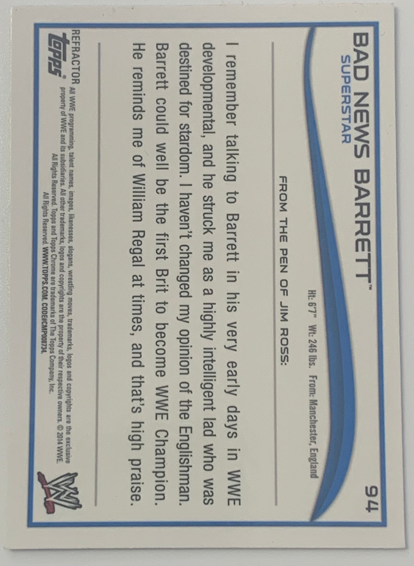 Wade Barrett 2014 WWE Topps Chrome REFRACTOR Card