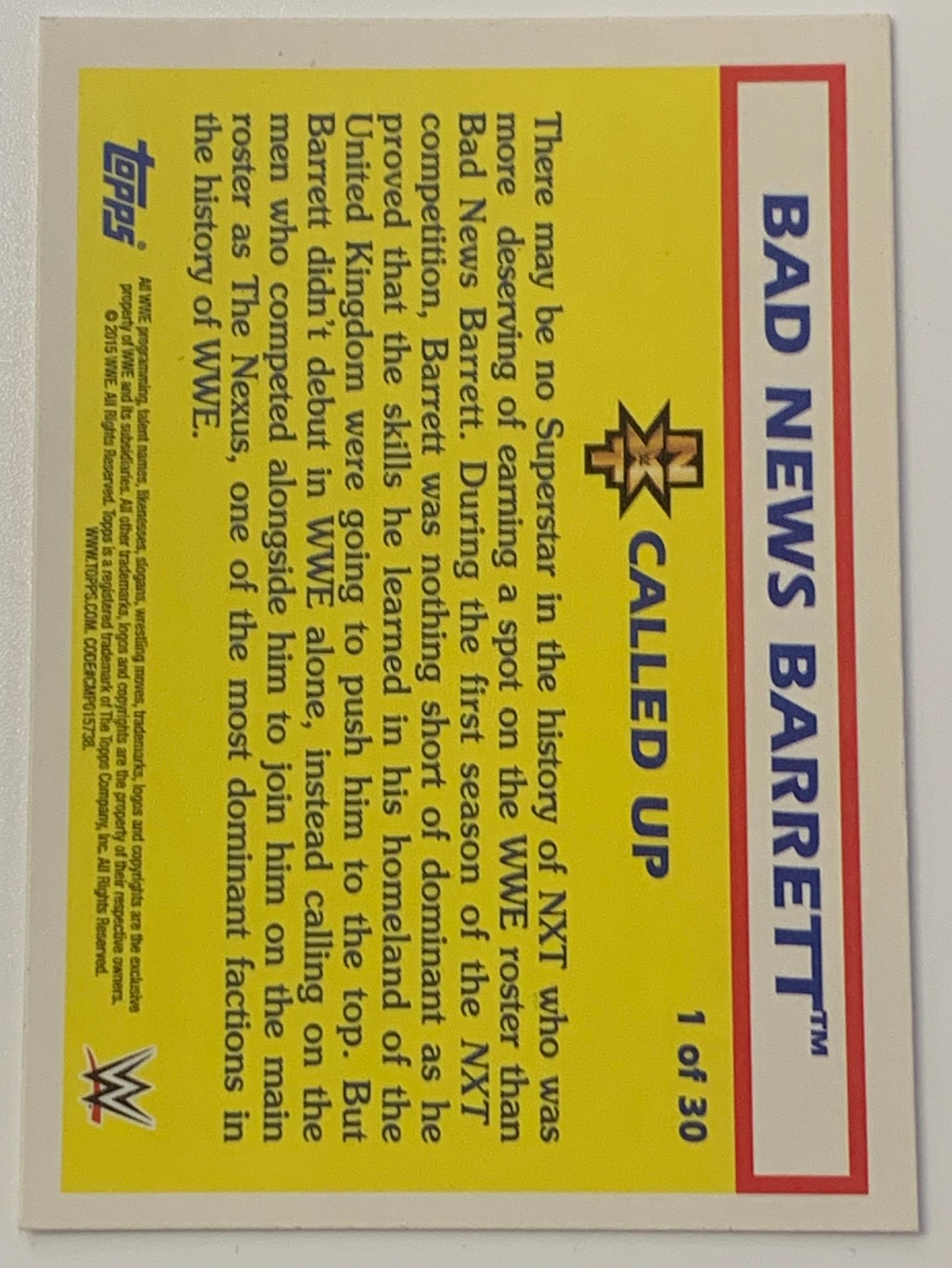 Wade Barrett 2015 WWE Topps Heritage “NXT Called Up” Insert Card