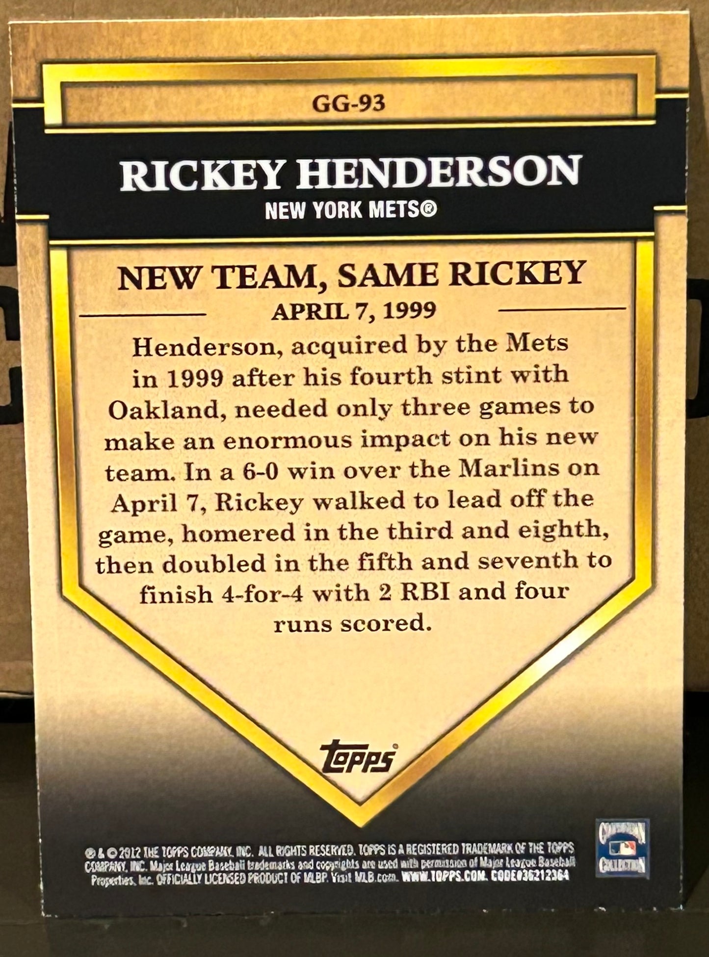 + Rickey Henderson 2012 Topps Update “Golden Greats” Insert Card NY METS