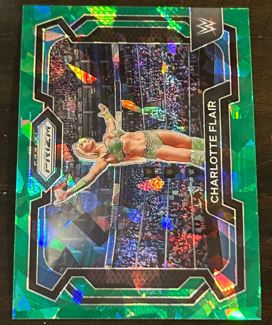 Charlotte Flair 2024 WWE Panini Prizm Cracked Ice Green Refractor Card