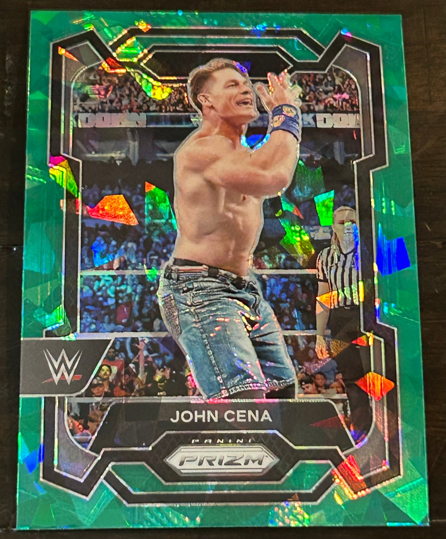 John Cena 2024 WWE Panini Prizm Cracked Ice Green Refractor Card