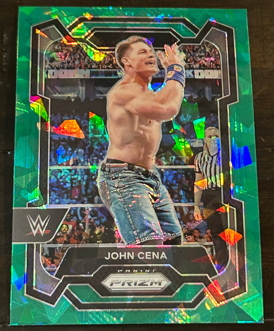 John Cena 2024 WWE Panini Prizm Cracked Ice Green Refractor Card