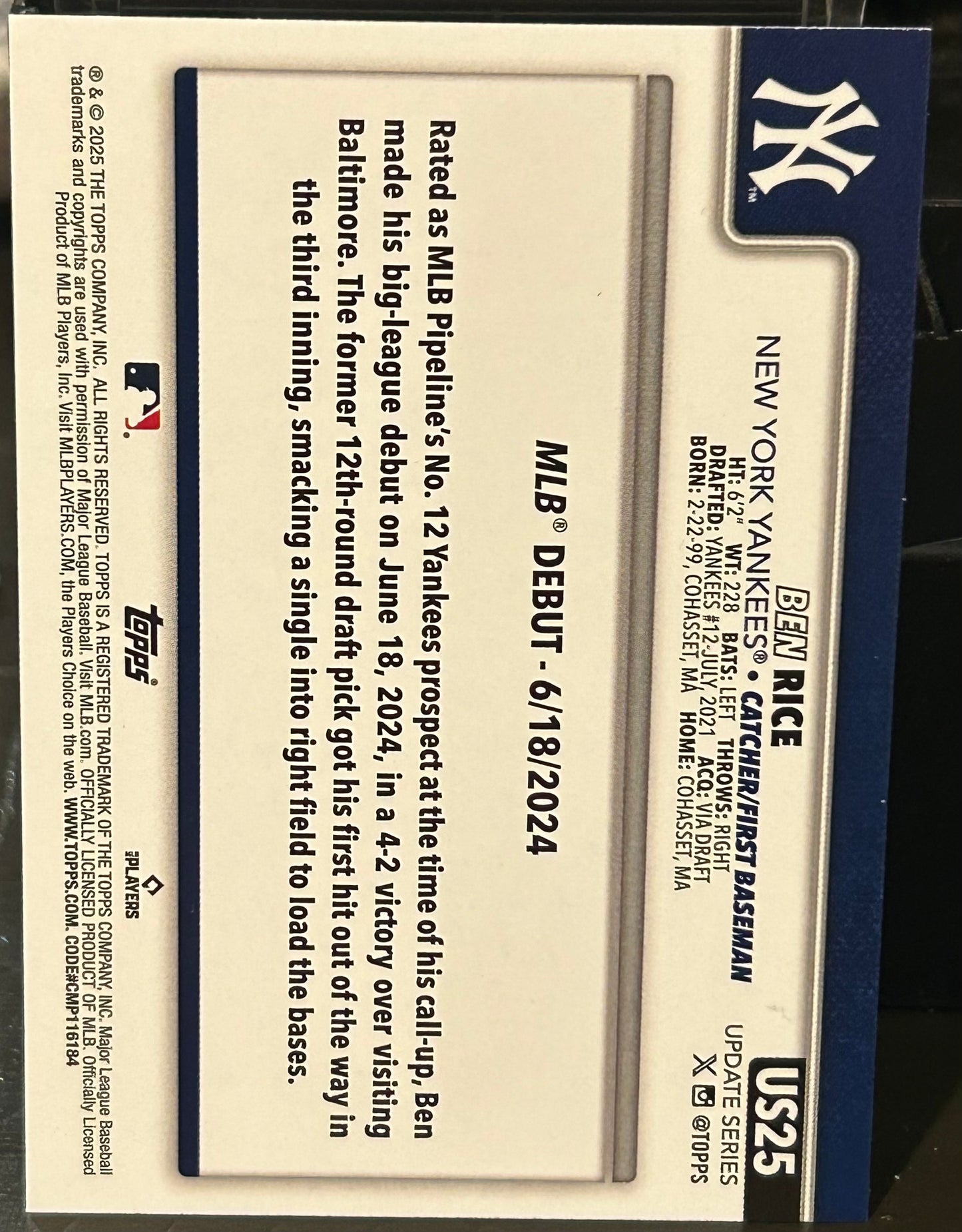 + Ben Rice 2025 Topps Update ROOKIE Card NY YANKEES
