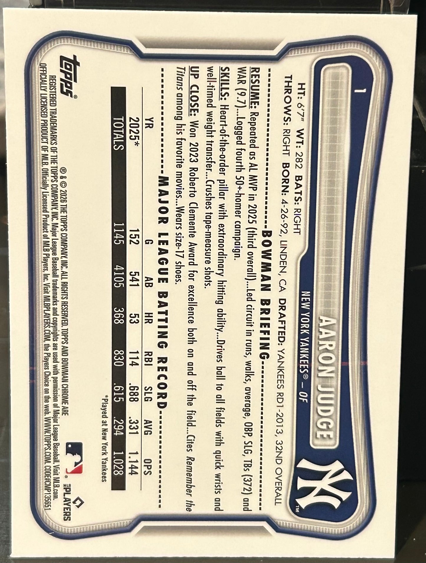 + Aaron Judge 2026 Bowman Chrome Mojo Refractor Card NY YANKEES