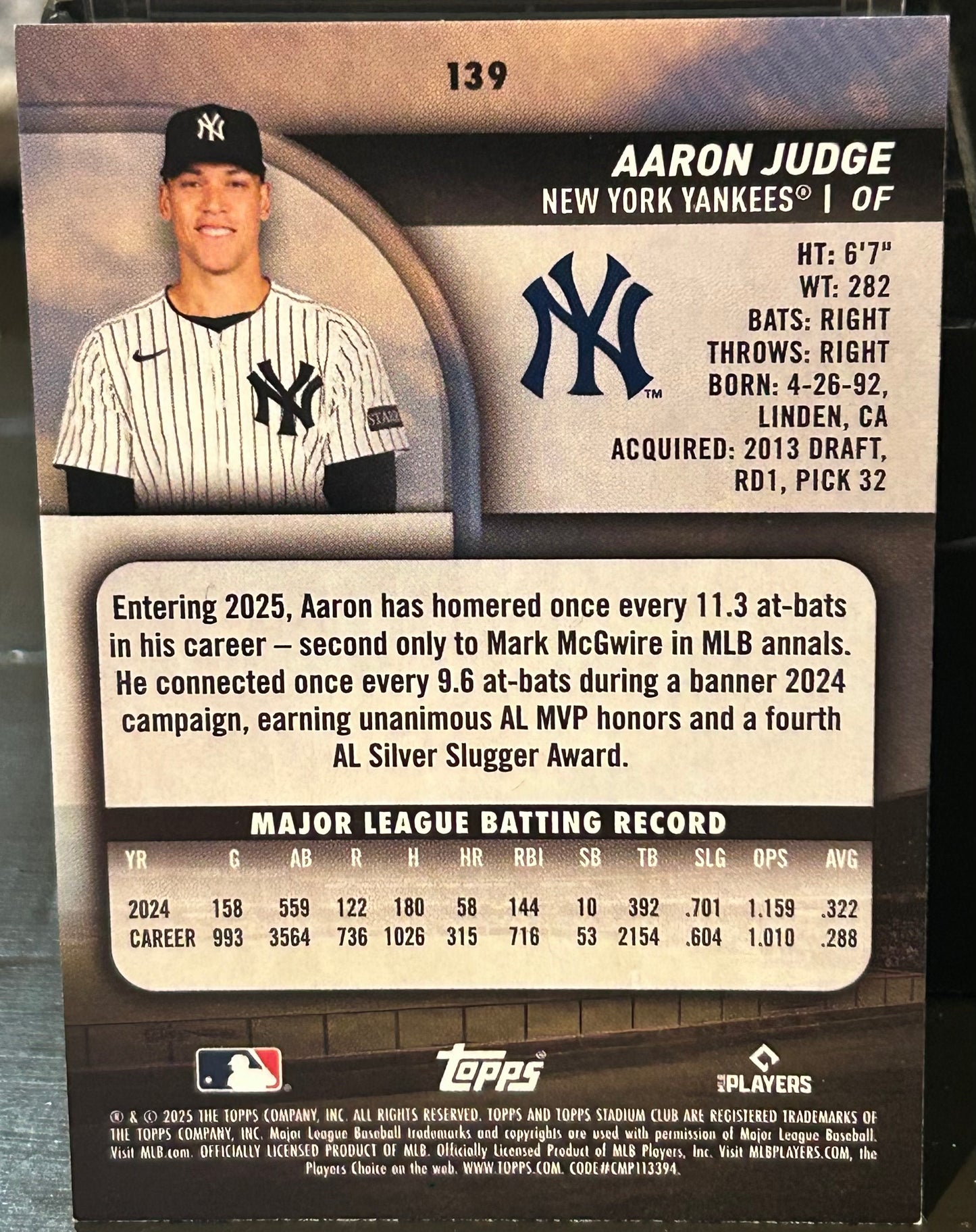 + Aaron Judge 2025 Topps Stadium Club Card NY YANKEES