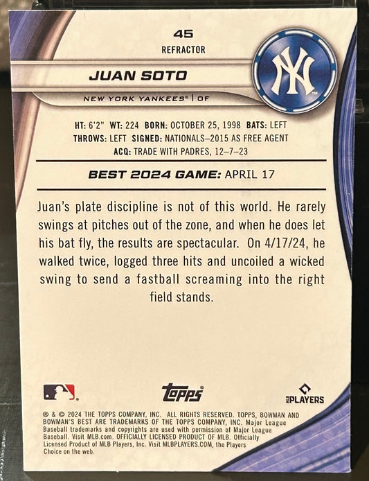 + Juan Soto 2024 Bowman’s Best REFRACTOR Card NY YANKEES