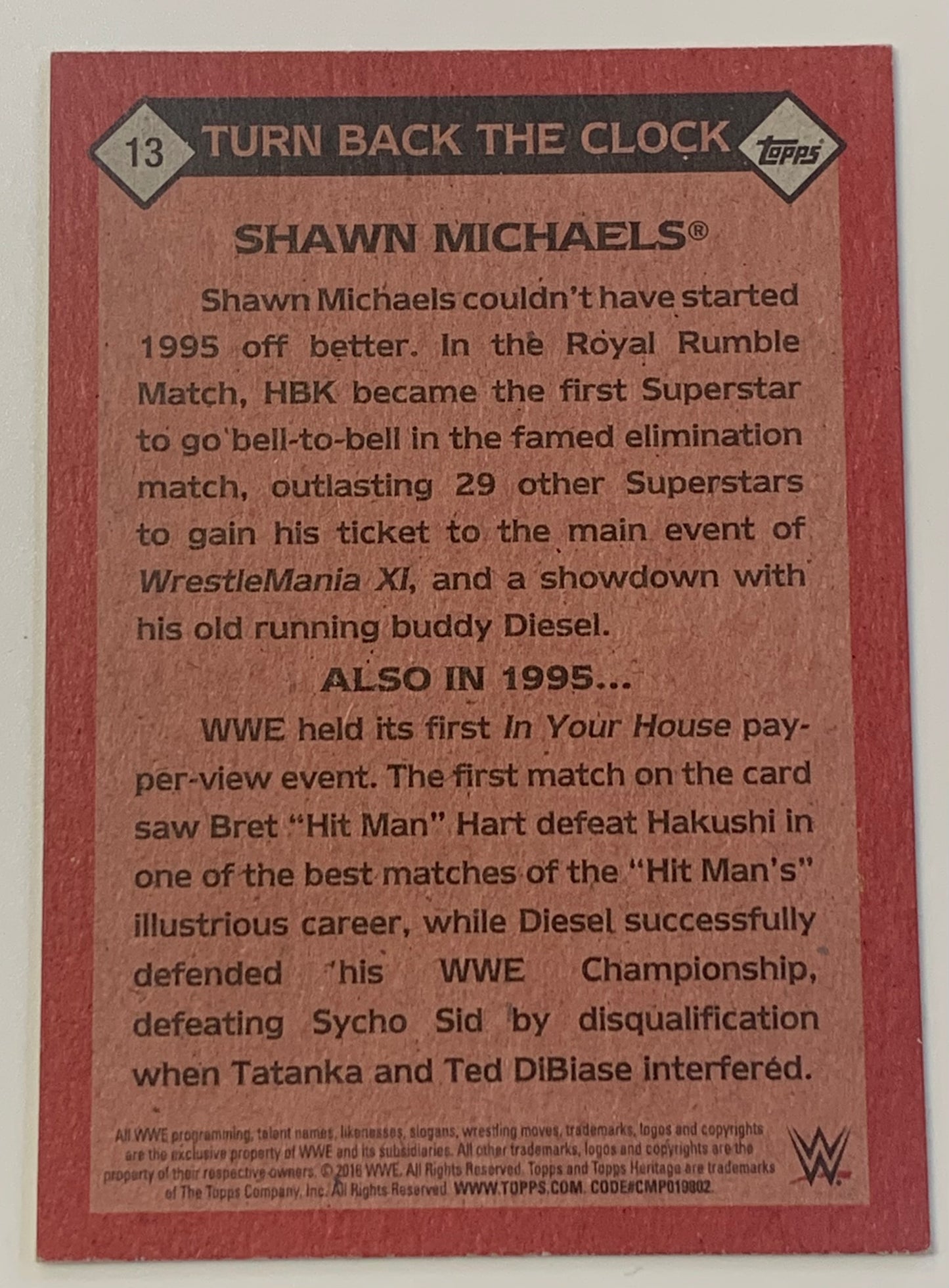 Shawn Michaels 2016 WWE Topps “Turn Back The Clock” Card HBK