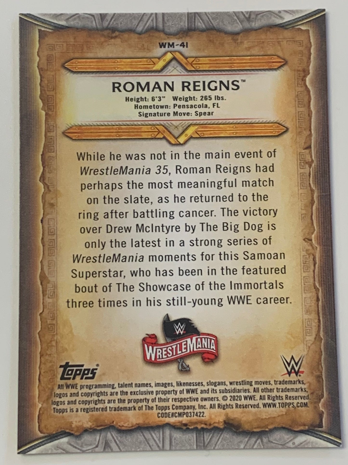 Roman Reigns 2020 WWE Topps Wrestlemania Insert Card