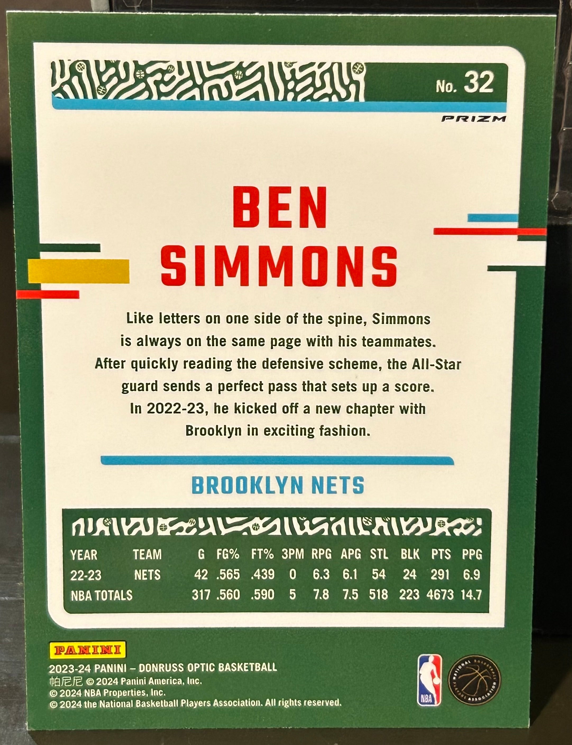 Ben Simmons 2023-24 Donruss Optic Purple Prizm Card BROOKLYN NETS