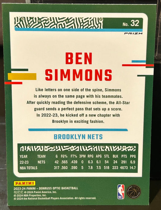 + Ben Simmons 2023-24 Donruss Optic Purple Prizm Card BROOKLYN NETS