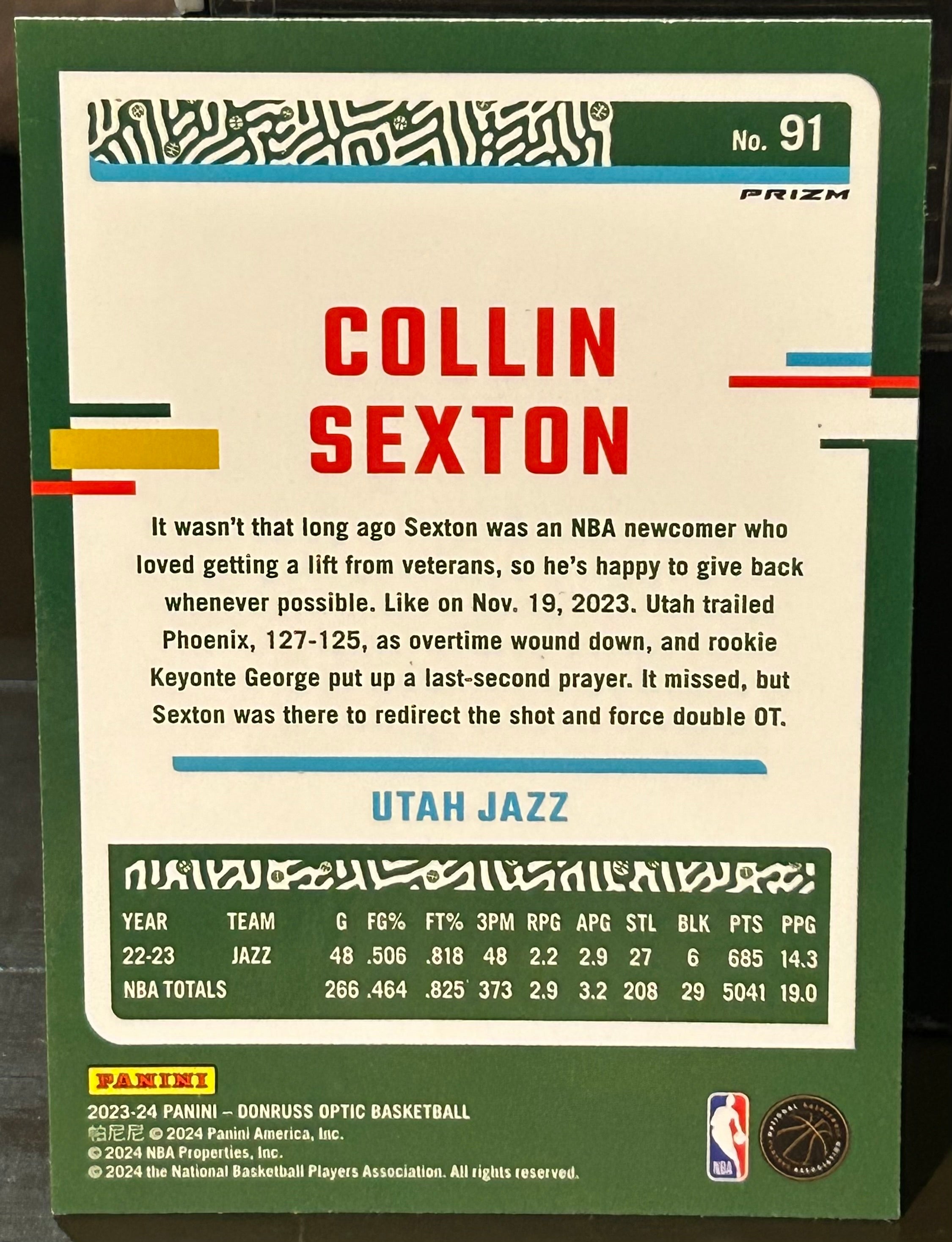 Collin Sexton 2023-24 Donruss Optic Purple Prizm Card UTAH JAZZ