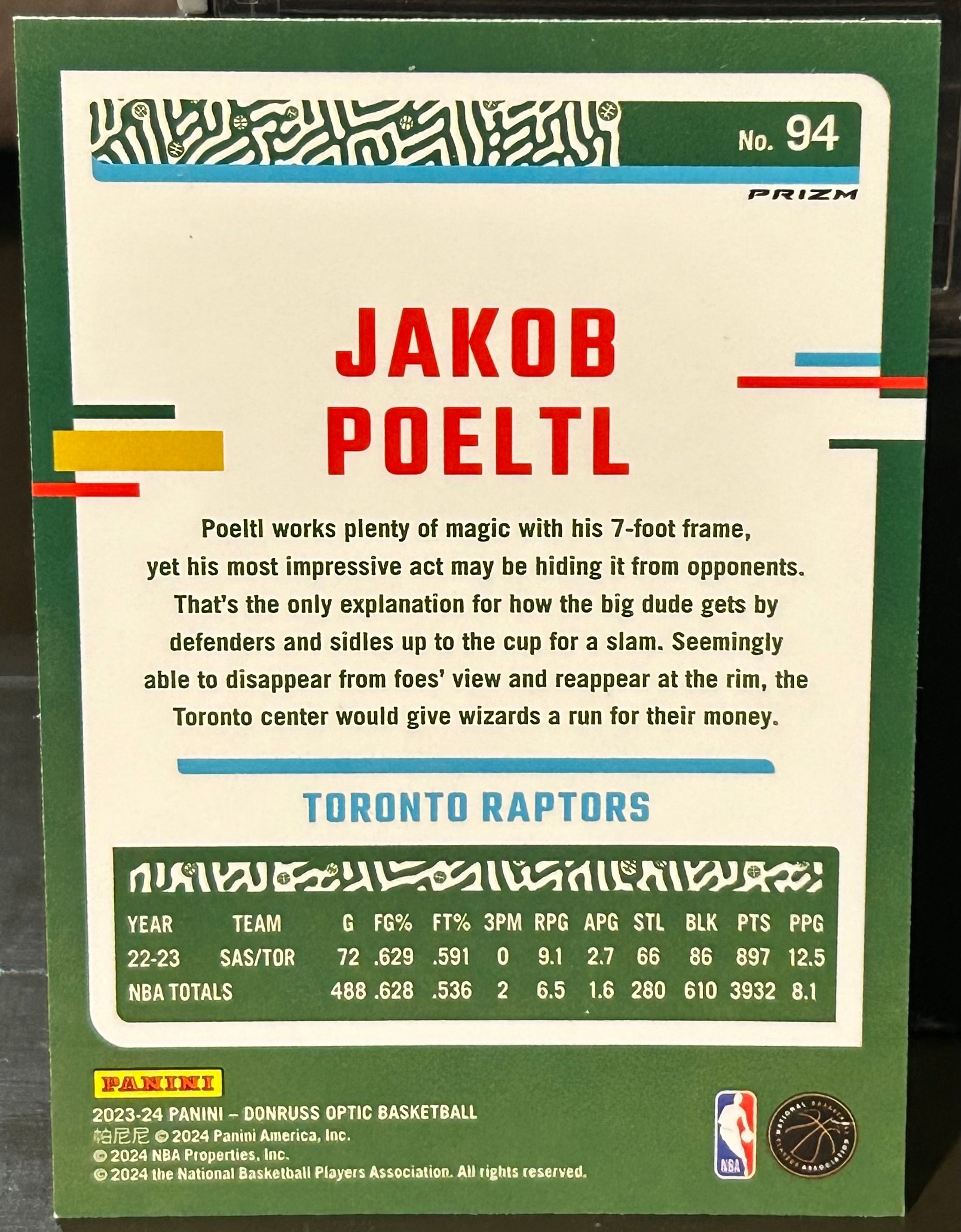 Jakob Poeltl 2023-24 Donruss Optic Purple Prizm Card TORONTO