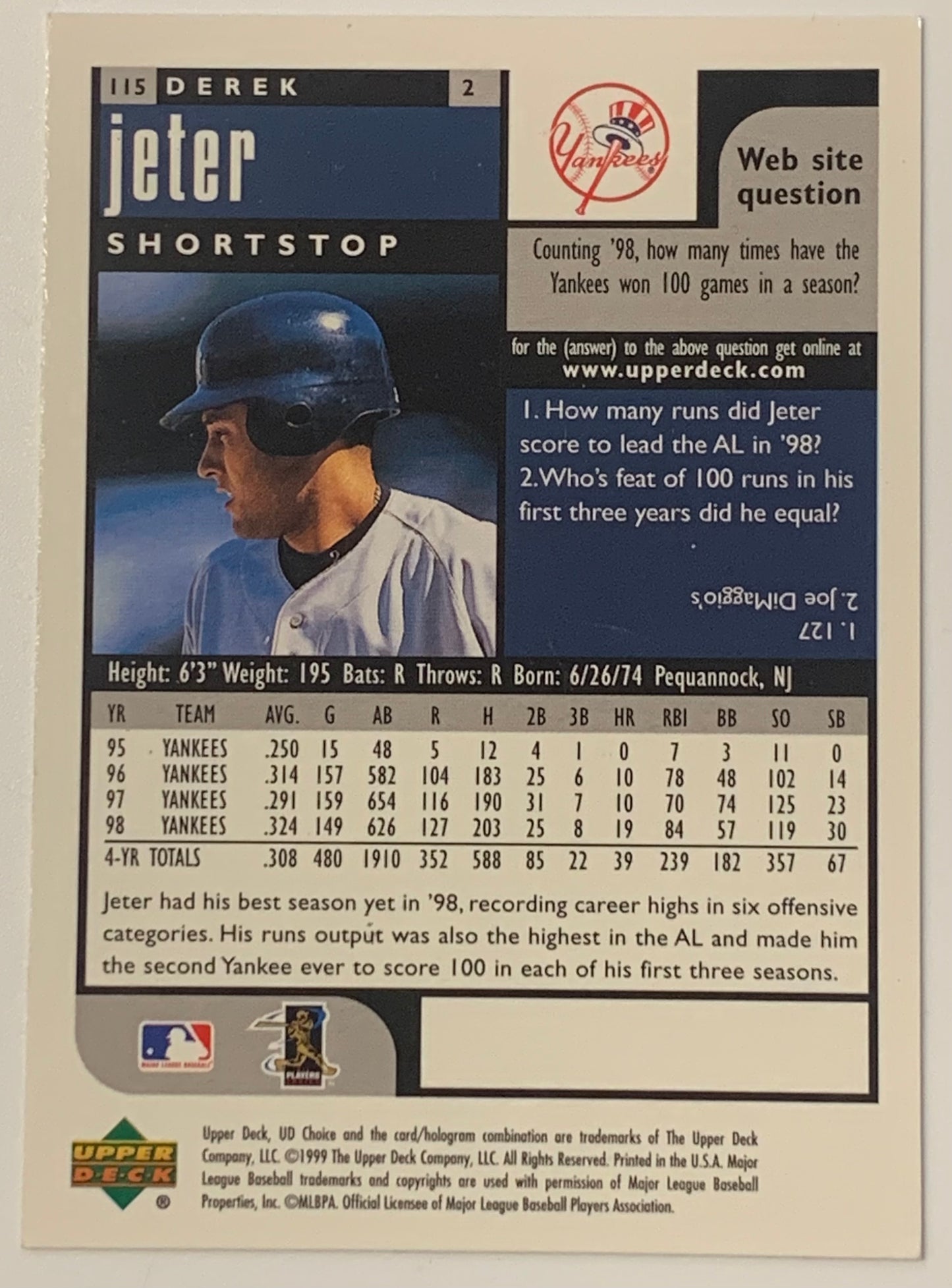 Derek Jeter 1999 UD Upper Deck Collector’s Choice Card YANKEES