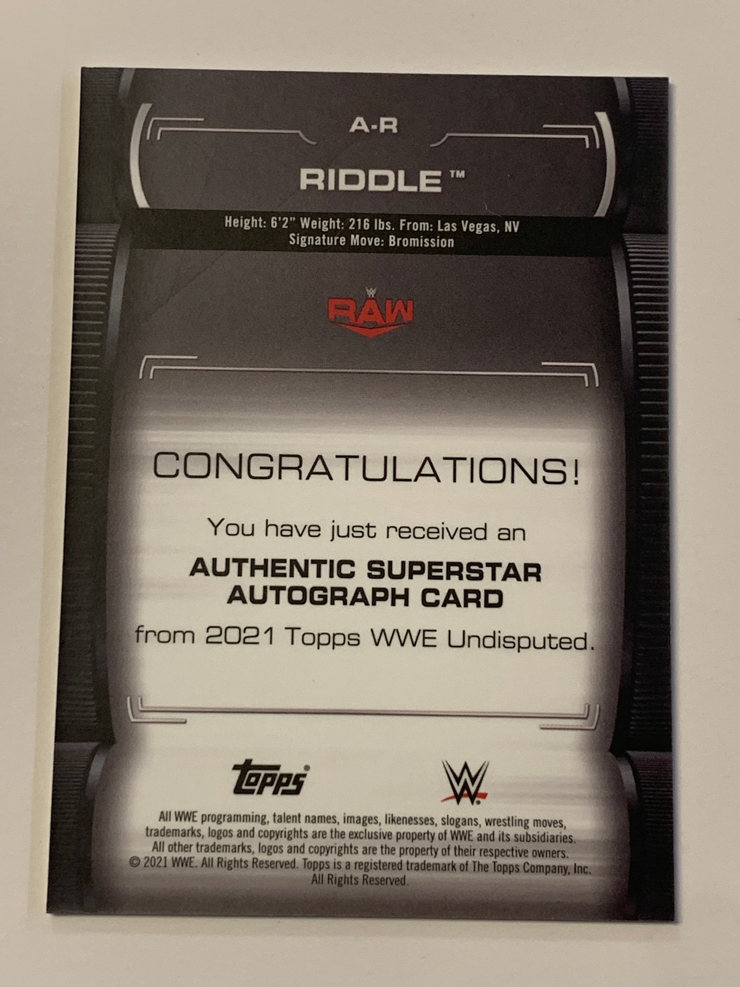 Matt Riddle 2021 WWE RAW Topps Authentic Superstar Autograph Card #/199