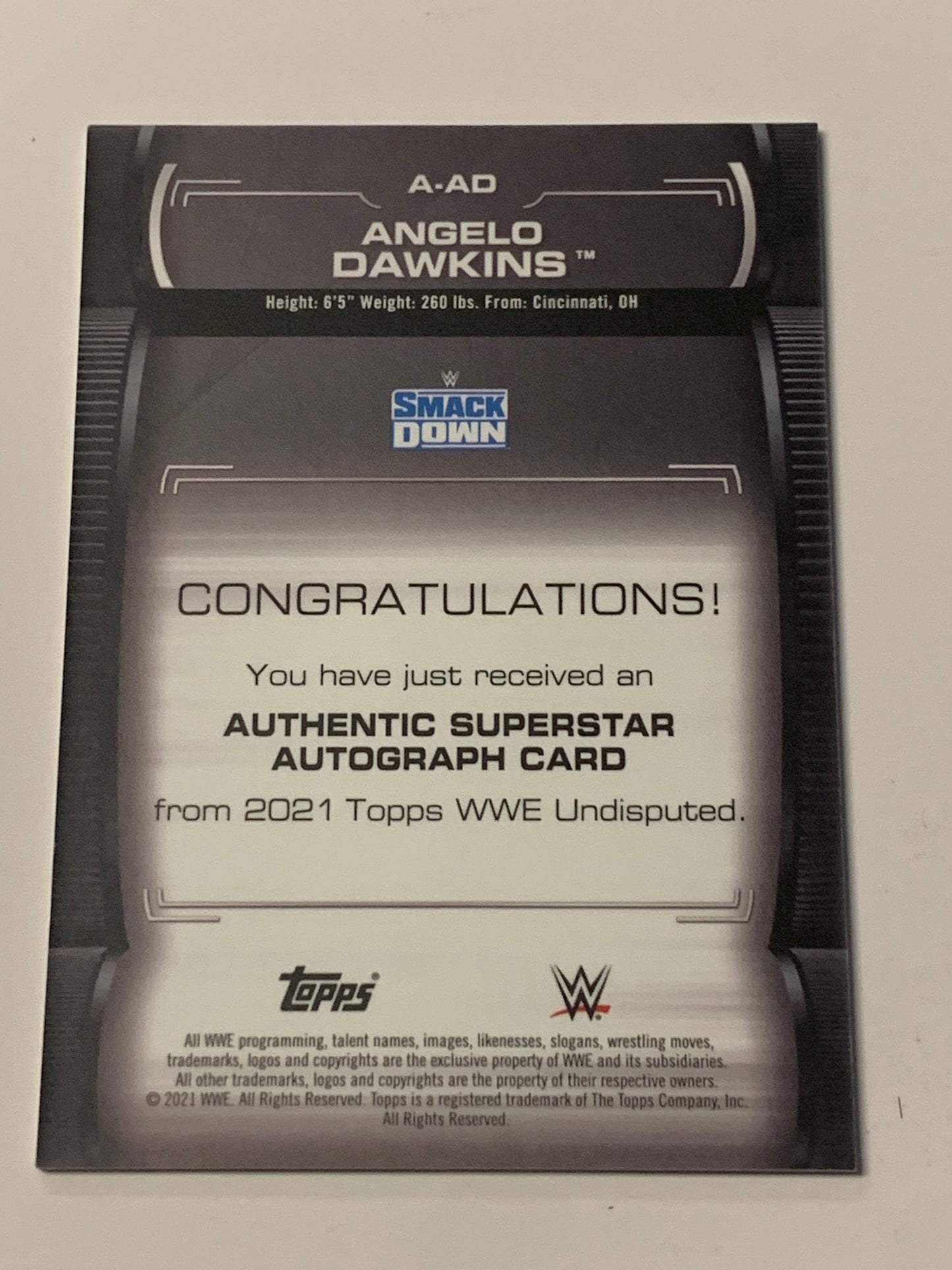 Angelo Dawkins 2021 WWE Topps Undisputed Authentic Superstar Autograph #/199