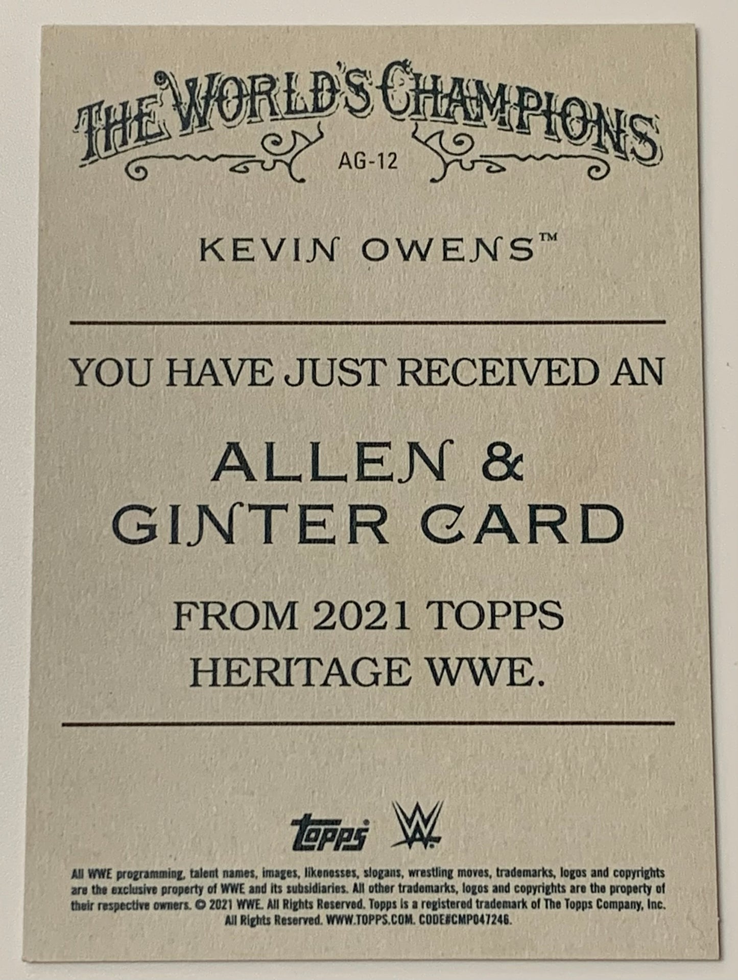 Kevin Owens 2021 WWE Topps Heritage “Allen & Ginter” Card