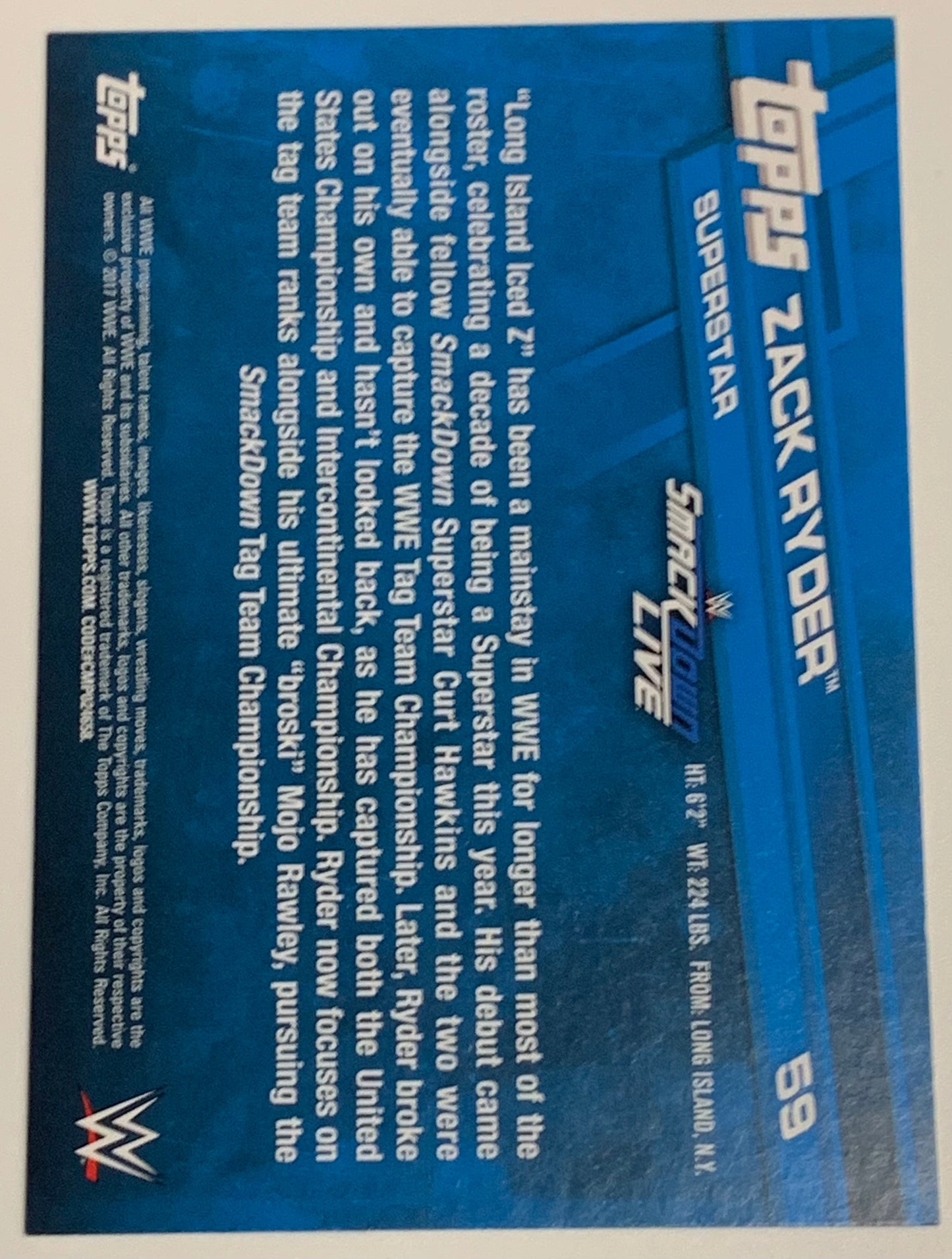 Zack Ryder 2017 WWE SIGNED Topps Card (Comes w/COA)