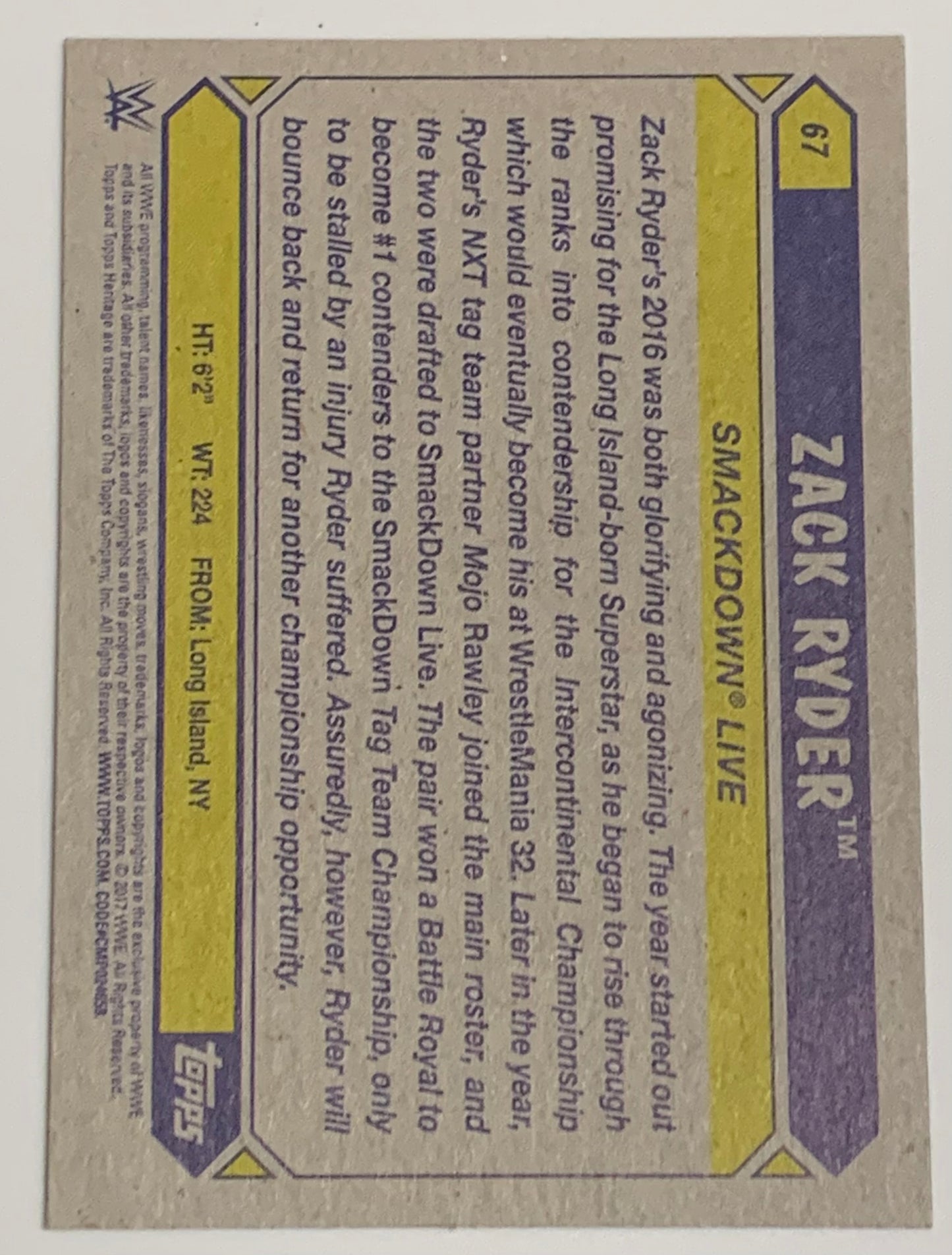 Zack Ryder 2017 WWE SIGNED Topps Heritage Card (Comes w/COA)