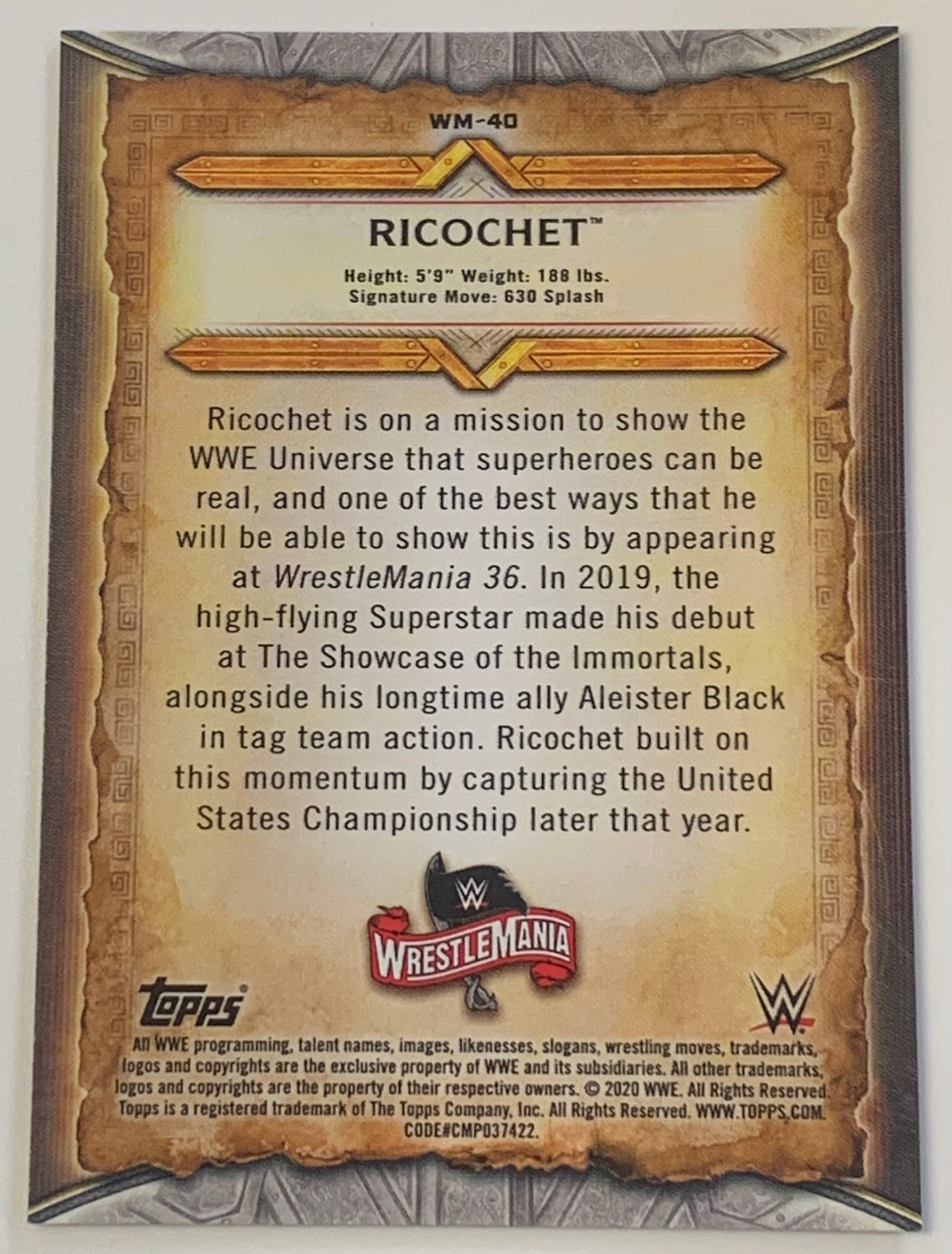Ricochet 2020 WWE Topps Wrestlemania Insert Card
